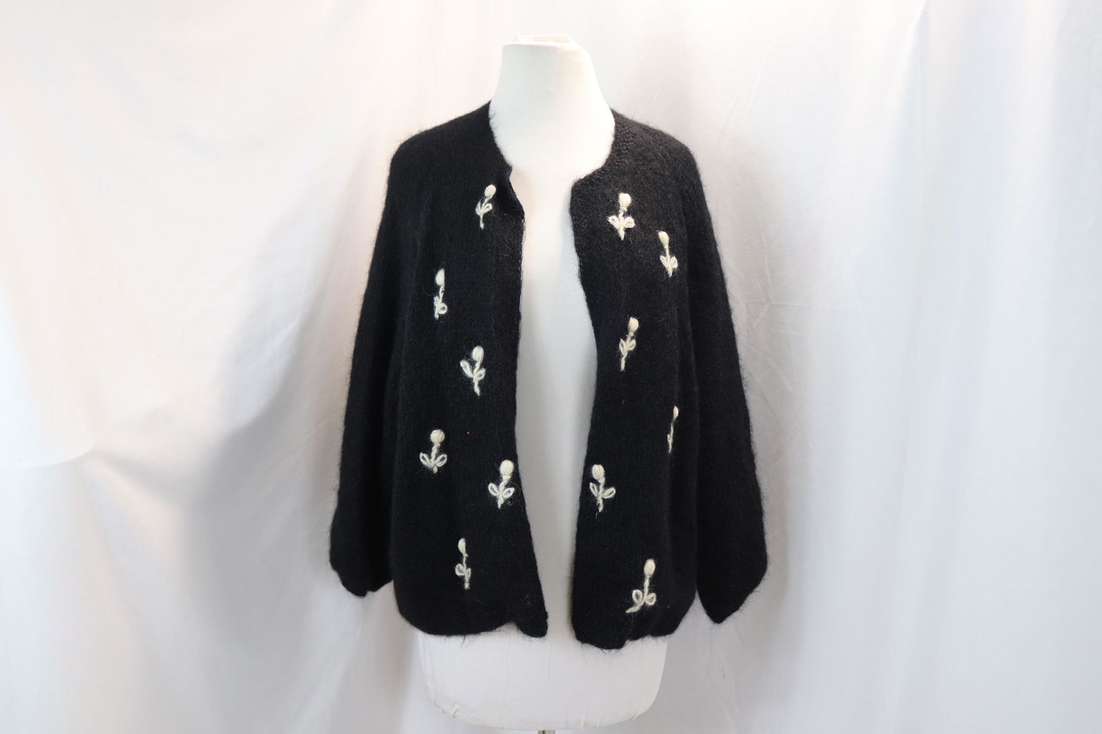 Vintage 1950's Black Mohair Embroidered Cardigan Sweater: approx. 48 bust, good condition, see photo's