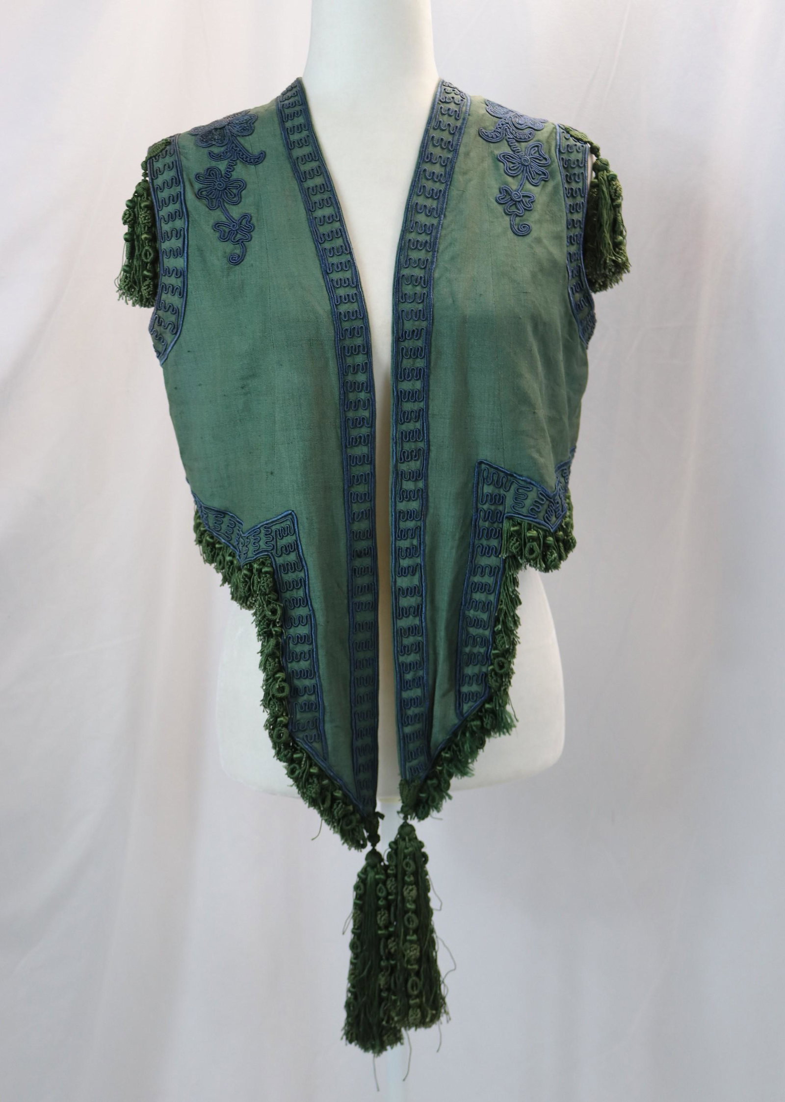 Antique 1880's B. Yephbilueb Green Silk Vest with Fringe & Tassels: approx. 44 bust, good condition, see photo's