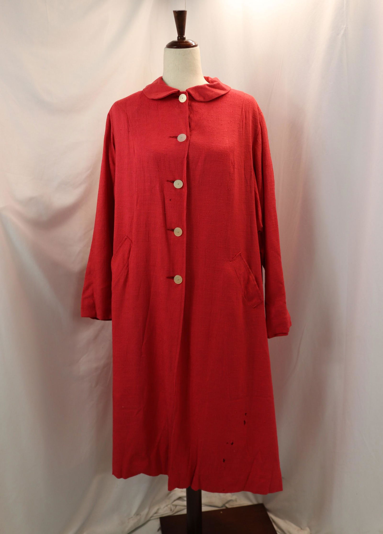 Vintage 1950's Red Linen Coat: approx. 50 bust, 54 waist, some holes, see photo's