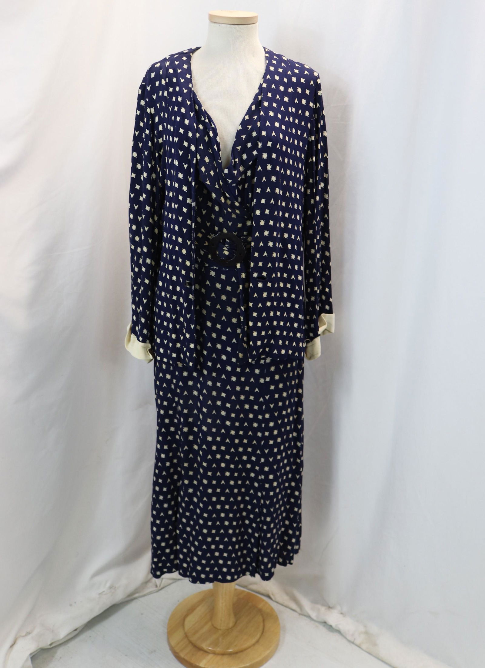 Vintage 1930's Navy Blue & White Dress & Jacket Set with Belt (1 of 9)