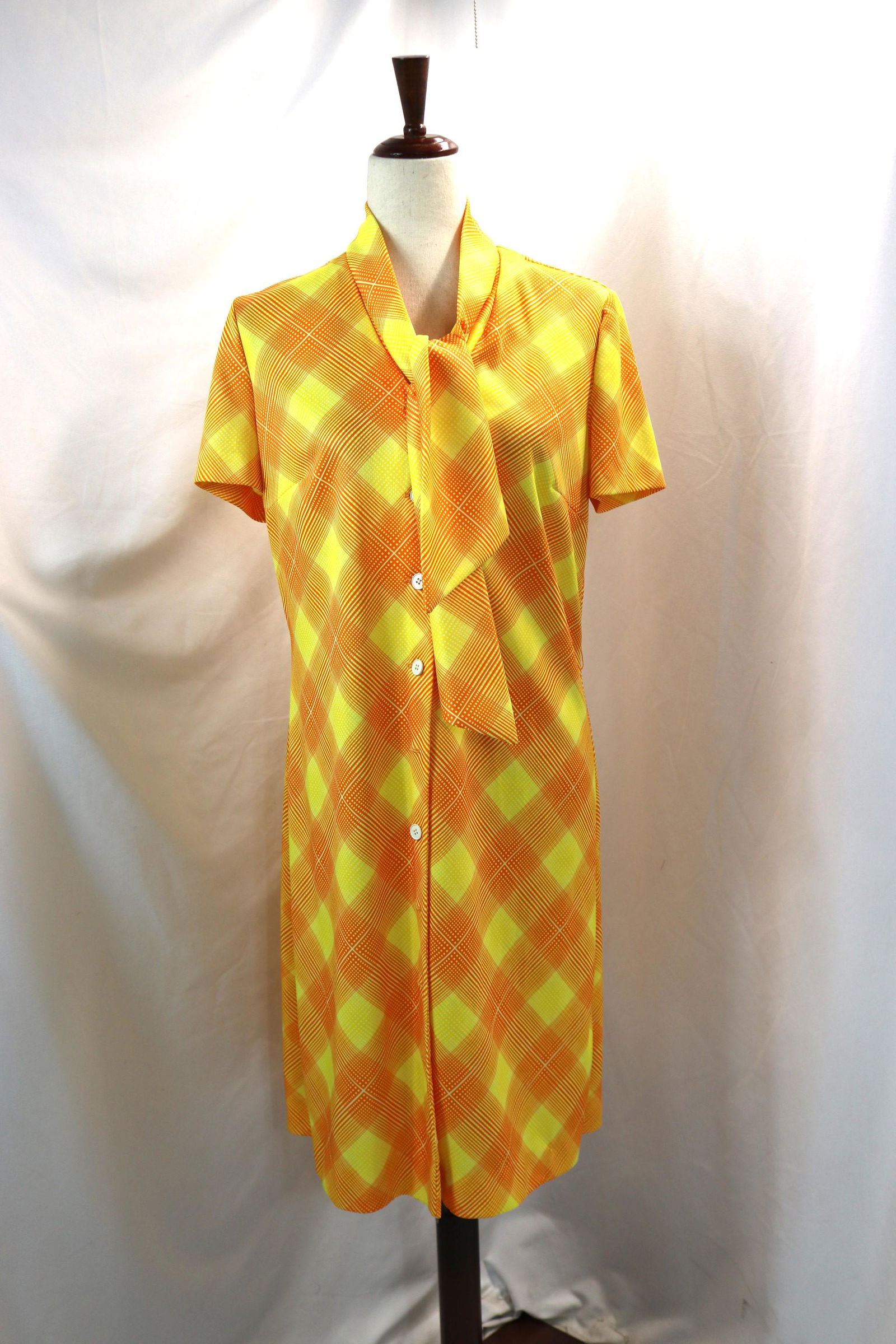 Vintage 1960's Etchings Yellow & Orange Hatch Print Button-up Tunic Dress (1 of 5)