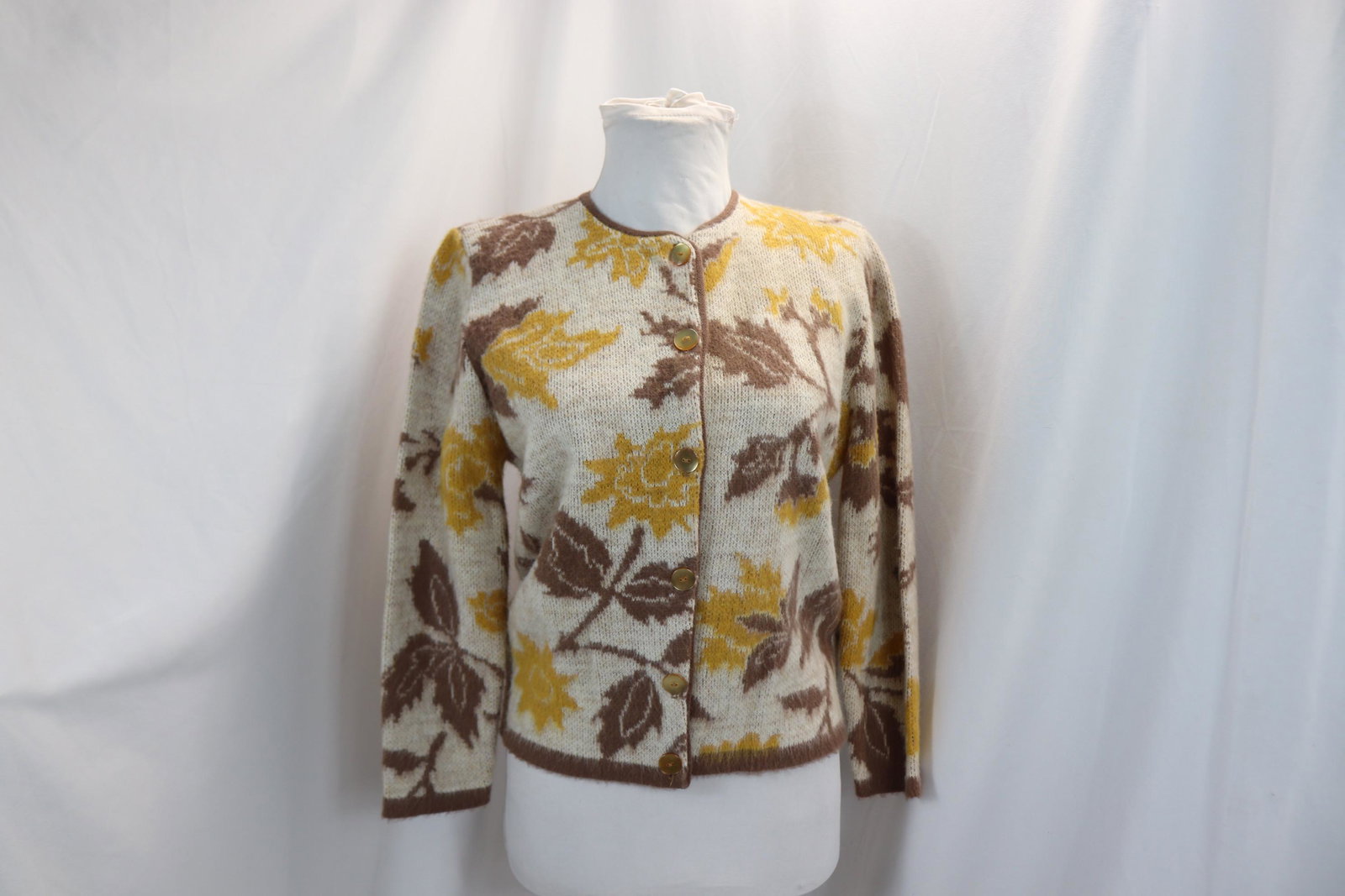 Vintage 1960's Gold & Brown Floral Knit Cardigan Sweater: approx. 38 bust, good condition, see photo's