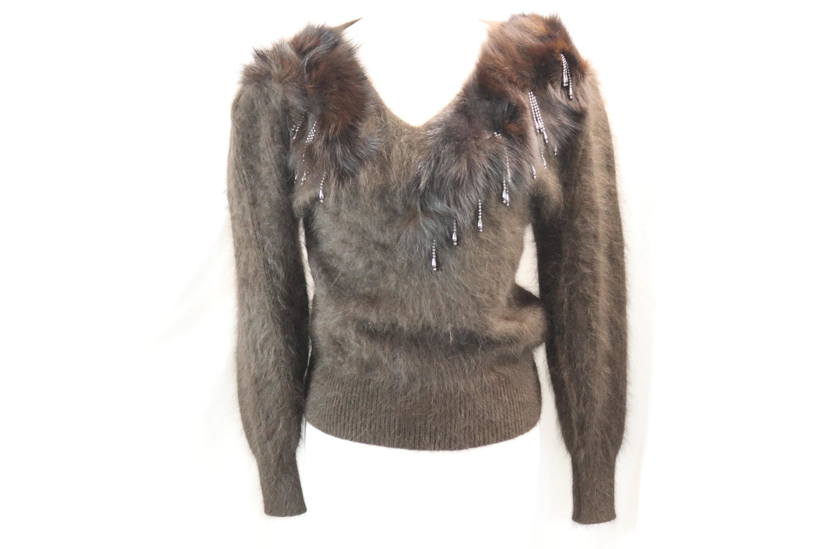 Vintage 1980's Cashe' Dark Brown Angora & Fur Pull Over Sweater with Beading (1 of 6)