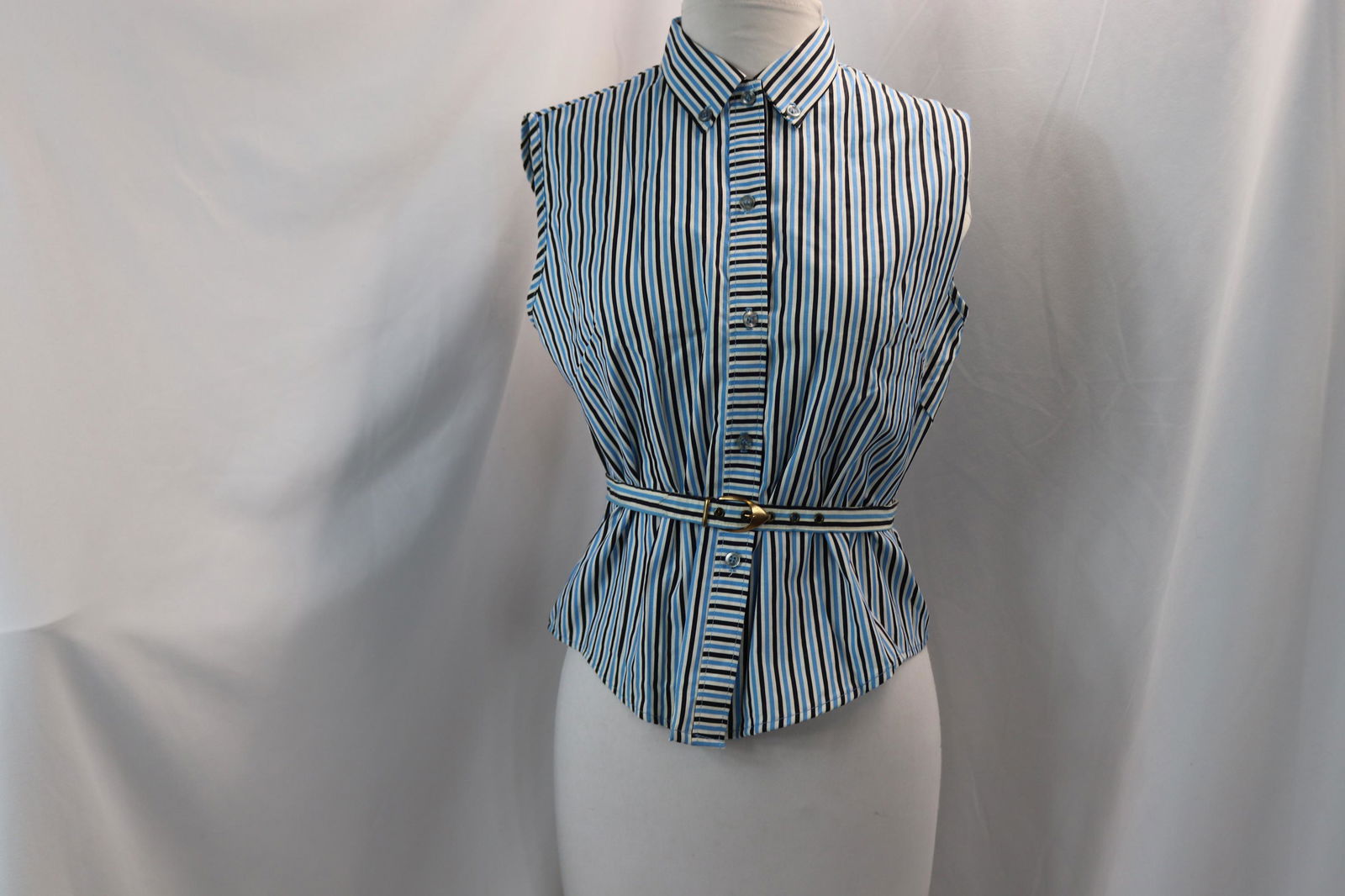 Vintage 1950's Cotton Blue, Black & White Stripe Ladies Sleeveless Blouse with Belt (1 of 4)
