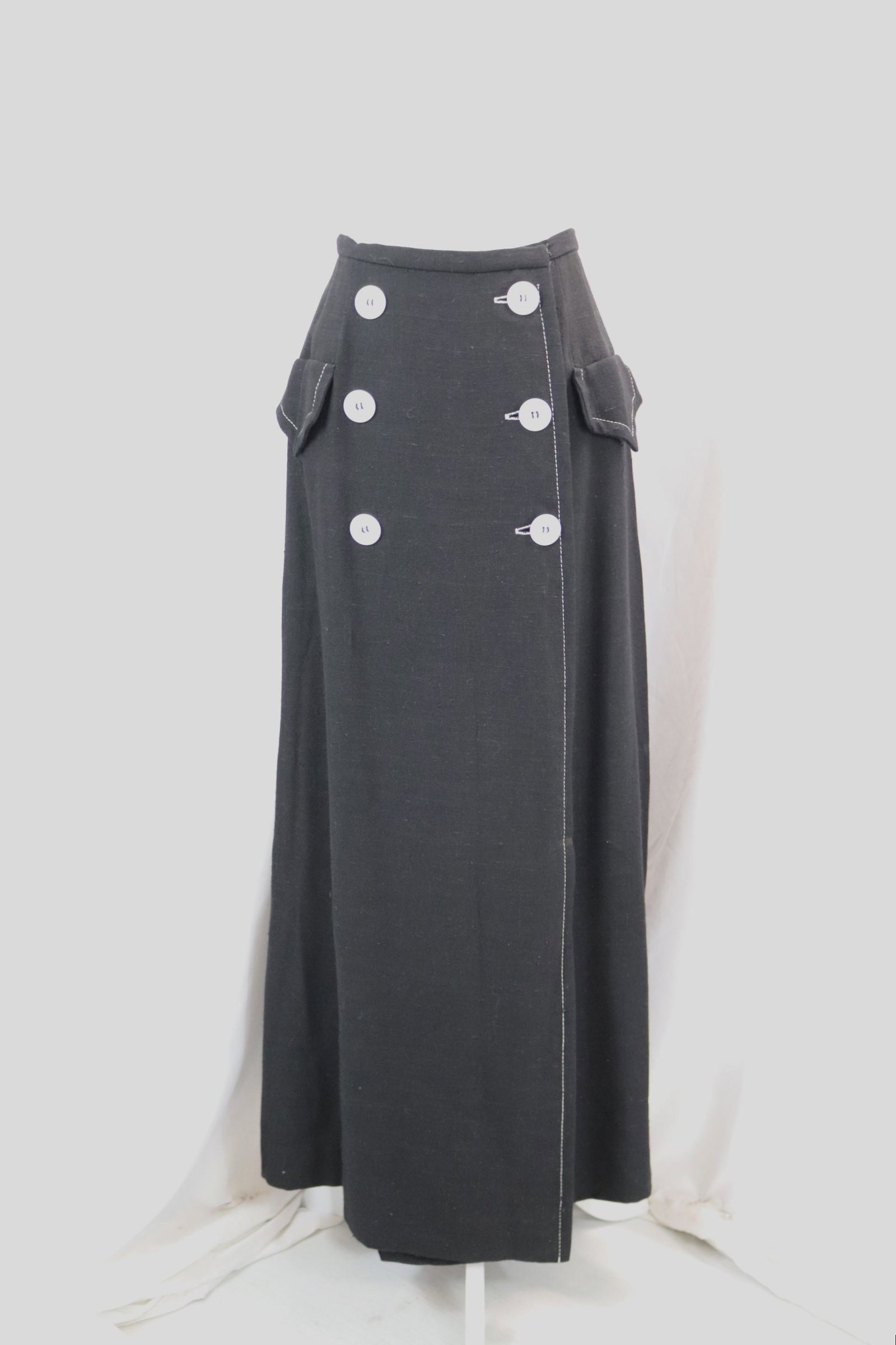 Vintage 1980/90's Ela Shae' Black Full Length Skirt with White Button & Thread Detail (1 of 5)