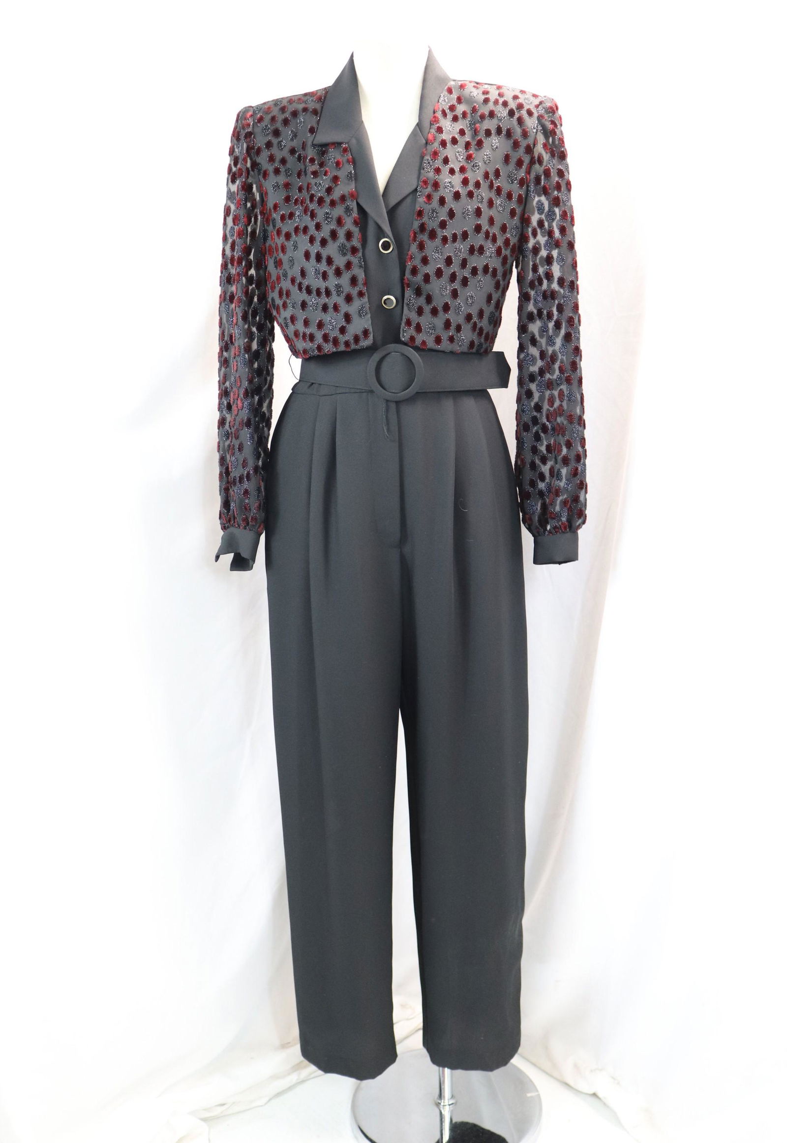 Vintage 1980's John Robberts Black Jumpsuit with Attached Burnout Velvet Jacket (1 of 6)