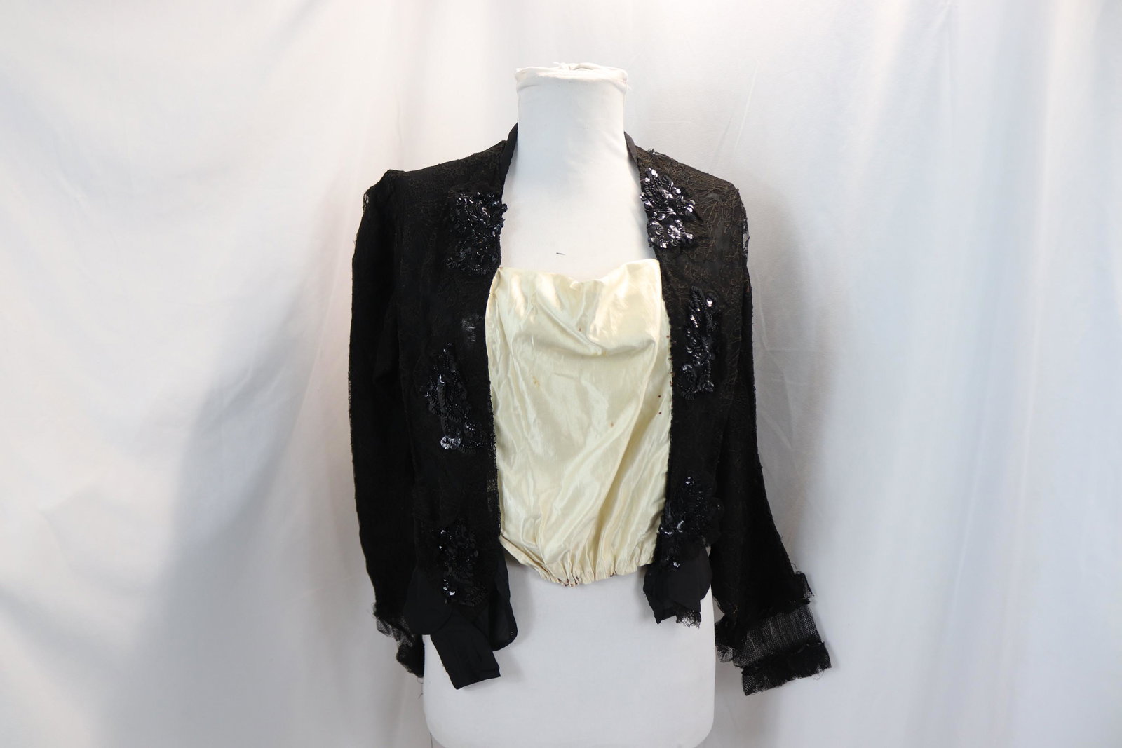 Victorian Black Lace Bodice with Sequin & Beading: approx. 40 bust and waist, some damage to white silk in front center, lace damage on shoulder, see photo's