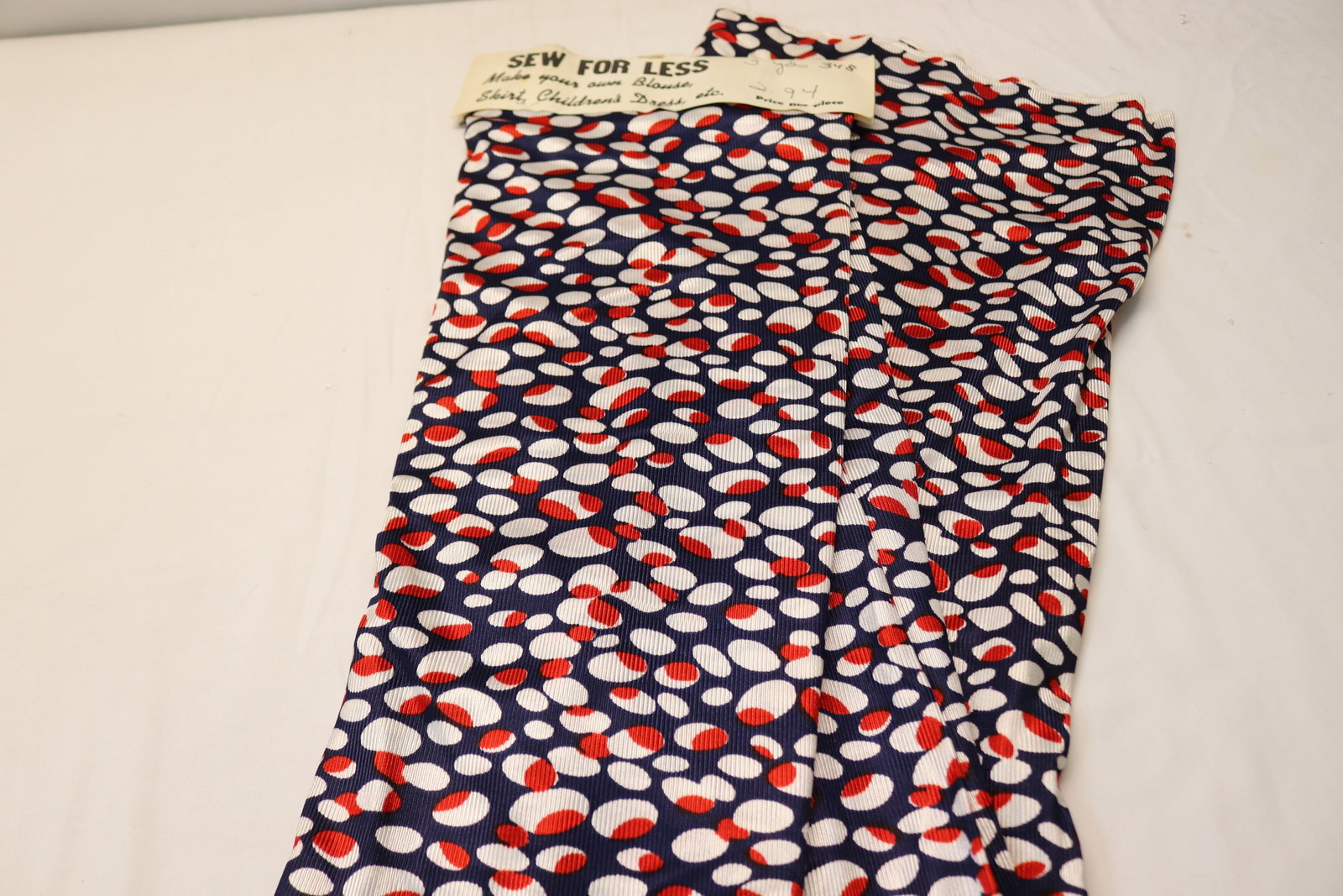 Vintage 3 Yards Old Store Stock Dress Fabric, Navy with Red & White Circles: see photo's