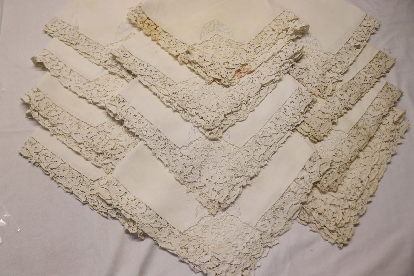 Lot of 12 Vintage Lace & Monogrammed Napkins, 21 x 21: needs cleaning, see photo's for flaws