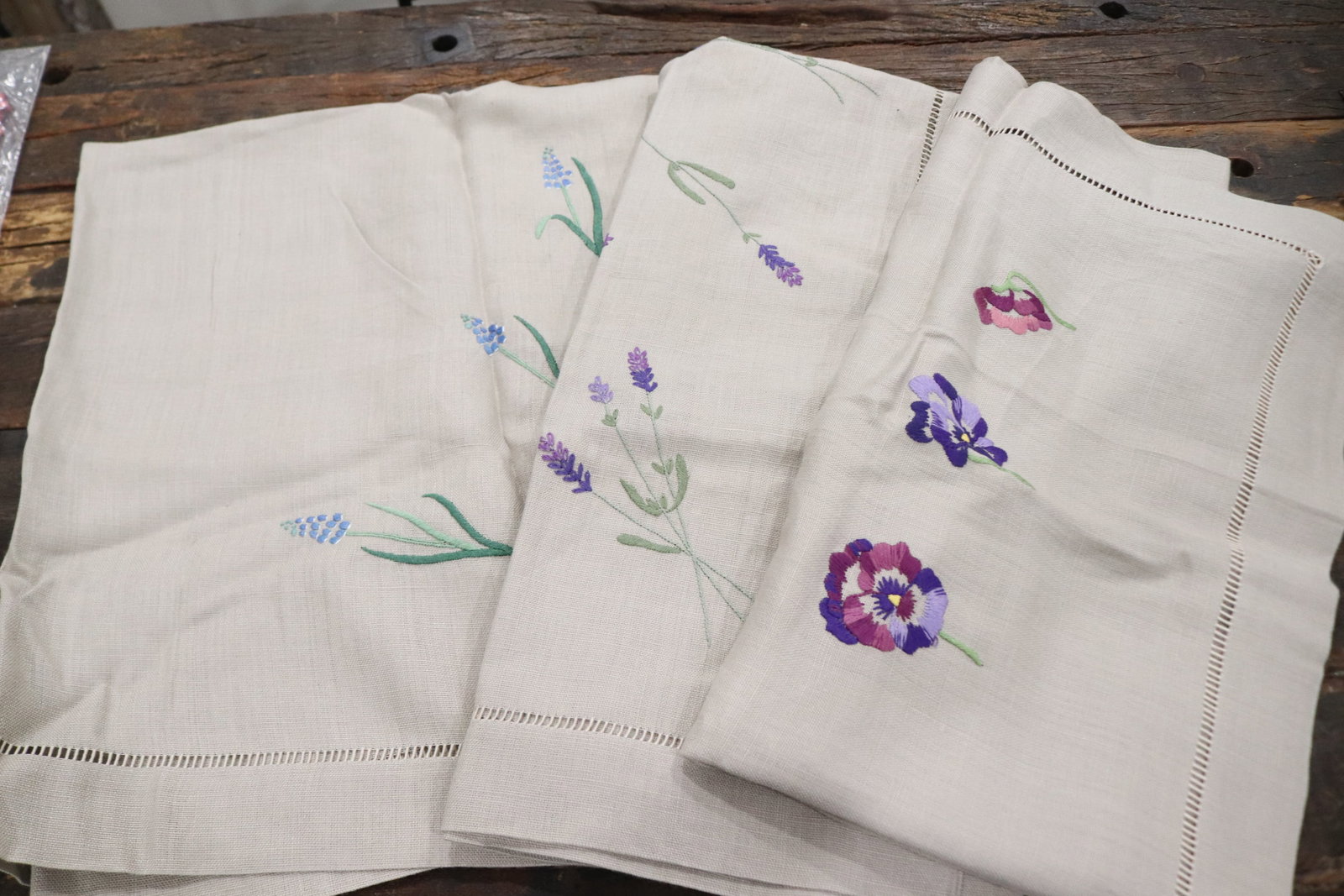 Lot of 3 Vintage Old Store Stock Hand Embroidered Linen Table Cloths (1 of 4)