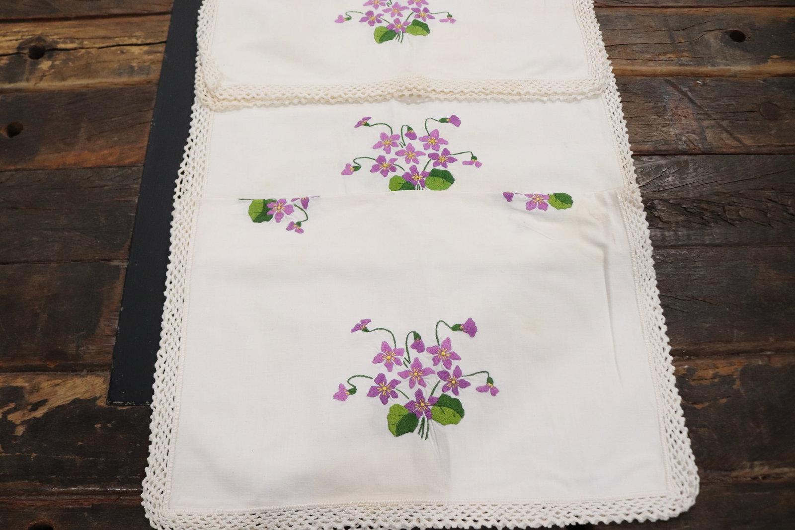 Lot of 3 Matching Table Runners with Embroidered Flowers: see photo's