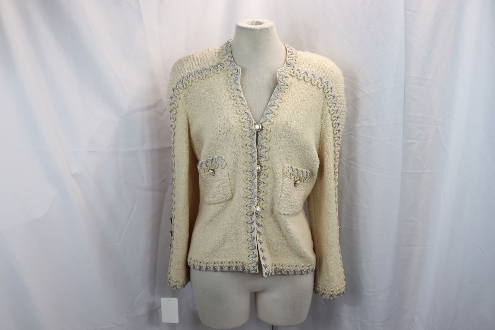 Vintage 1980's Adolfa Cardigan/Jacket with Blue Trim: approx. 38 bust, 32 waist, one spot found, see photo's