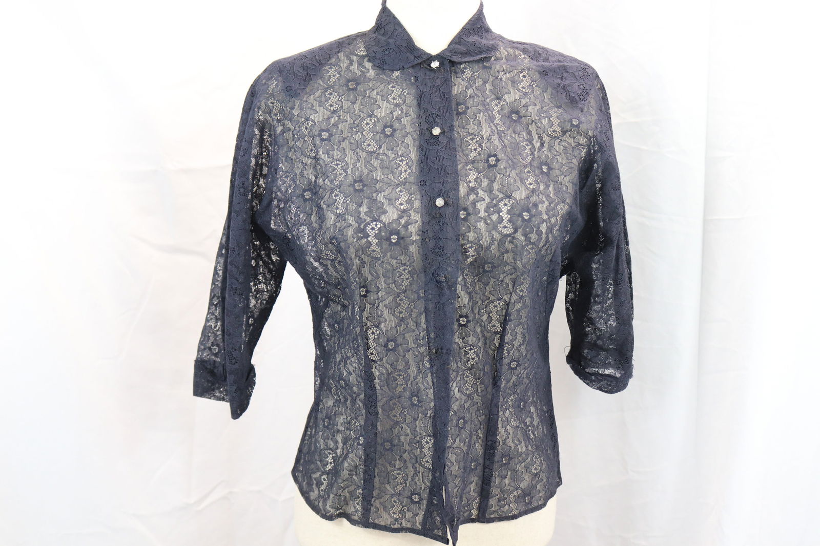 Vintage 1950's Black Lace Blouse with Rhinestone Buttons (1 of 7)