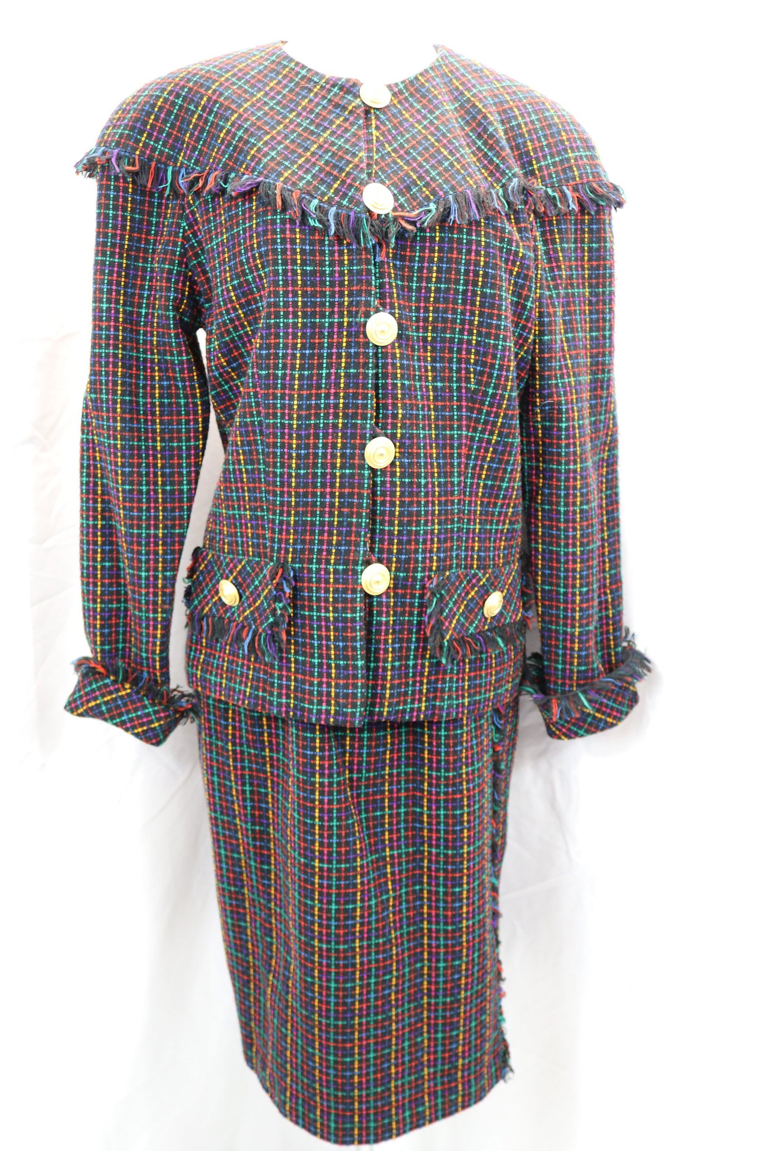 Vintage 1980's Bright Colorful Skirt & Jacket Set with Fringe Trim (1 of 7)