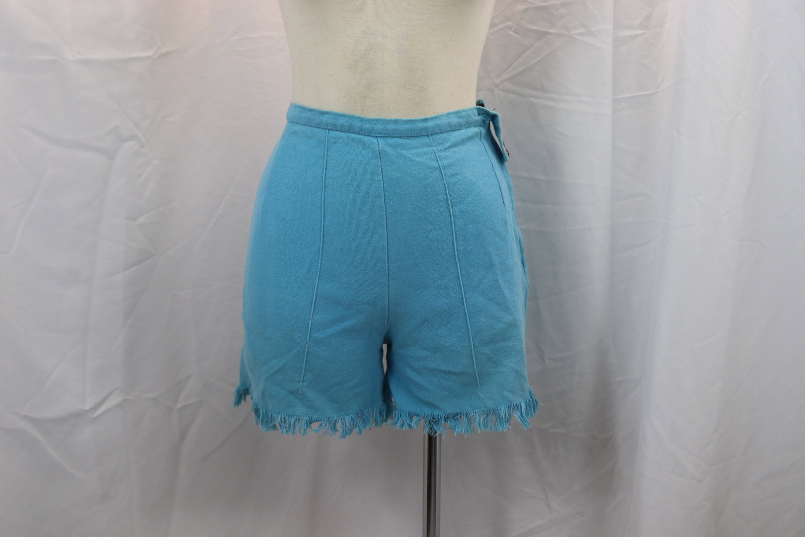 Vintage 1960's Blue Cotton Hot Pants/Shorts with Fringe: approx. 24 waist, 36 hips, missing button, has a couple holes, see photo's