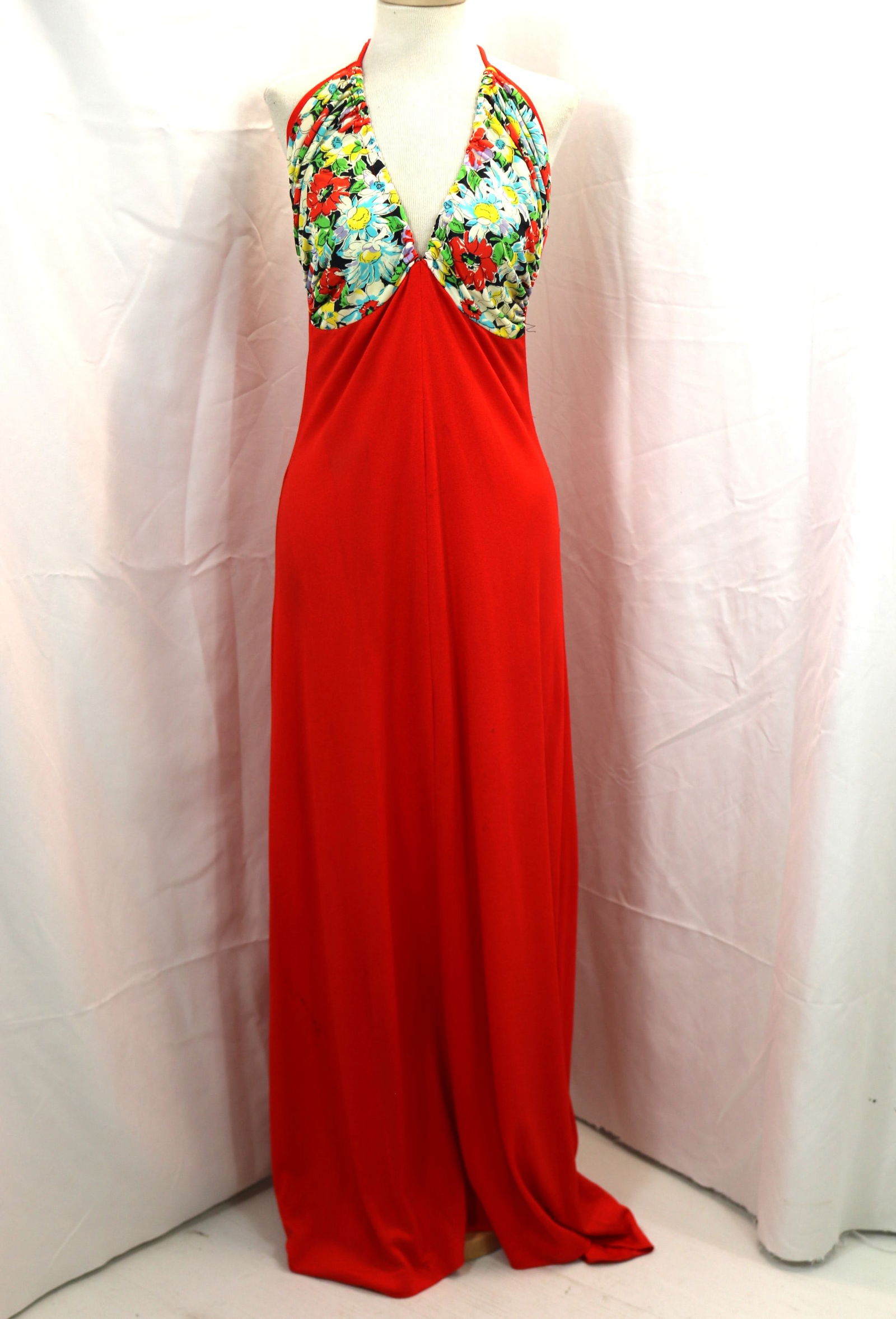 Vintage 1970's Red with Floral Halter Top Maxi Dress (1 of 9)