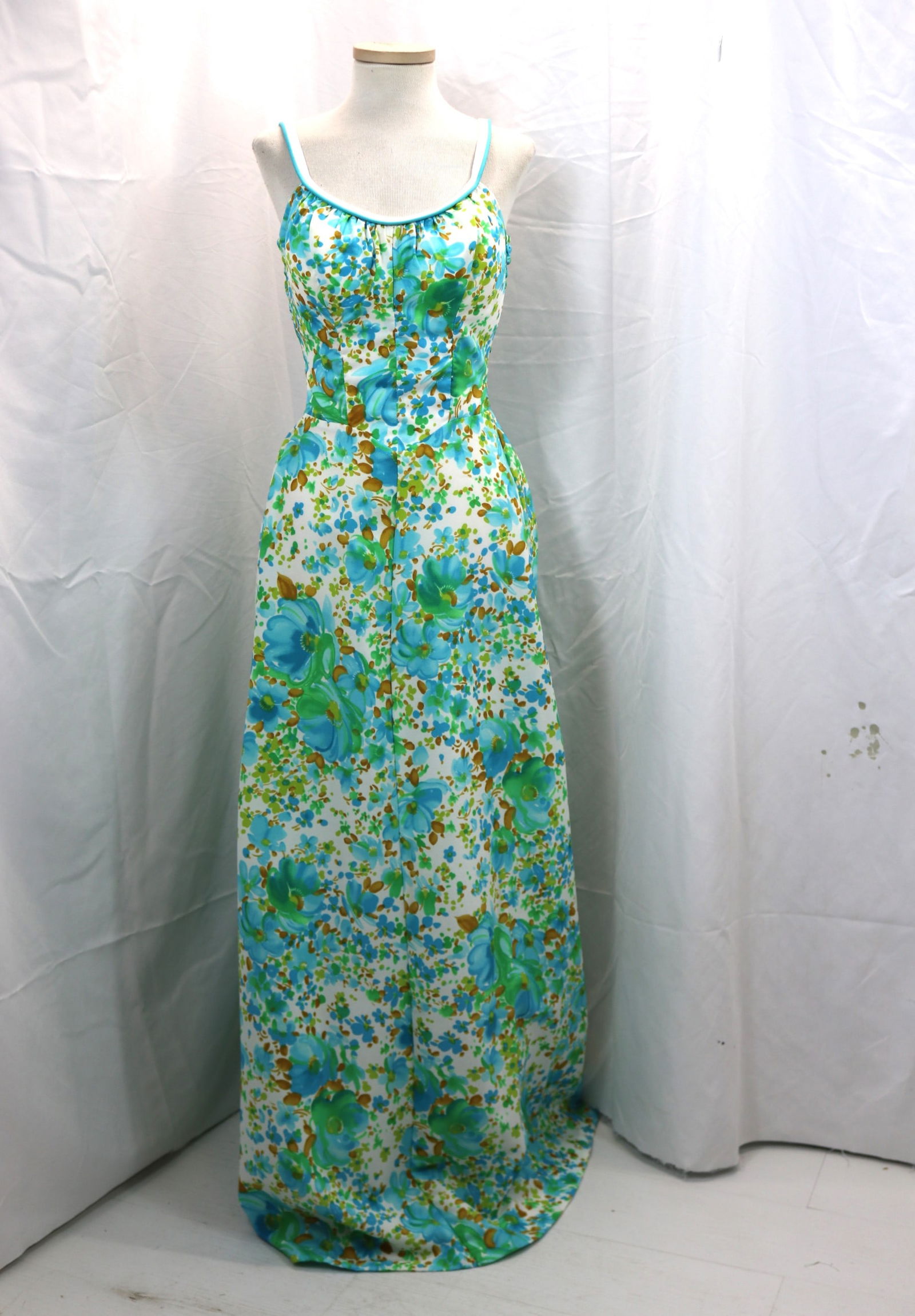 Vintage 1970's Blue Floral Maxi Dress with Elastic Smocked Back & Built in Bra (1 of 5)