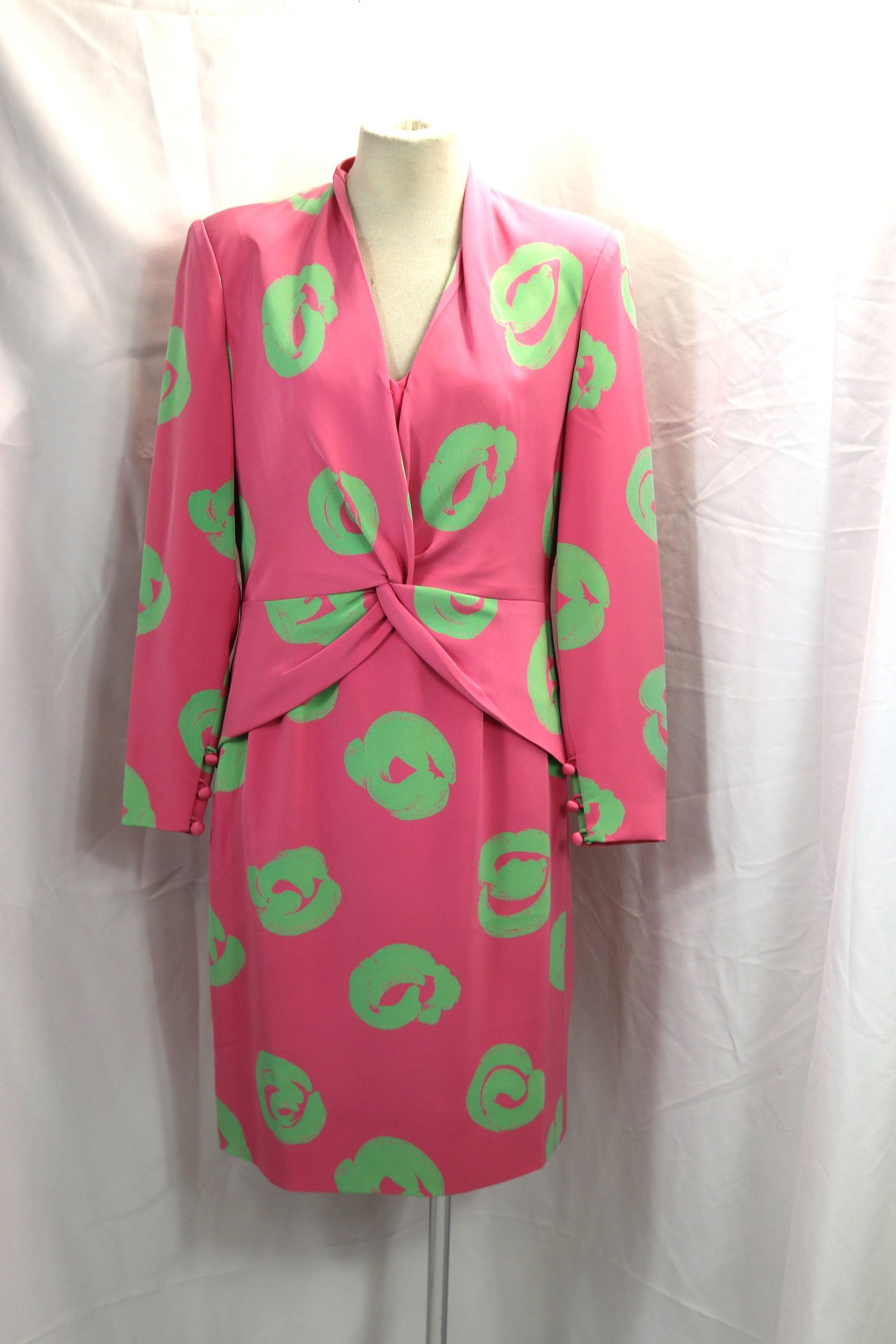 Vintage 1980's William Pearson Pink & Green Abstract Floral Silk Rayon Dress (1 of 6)