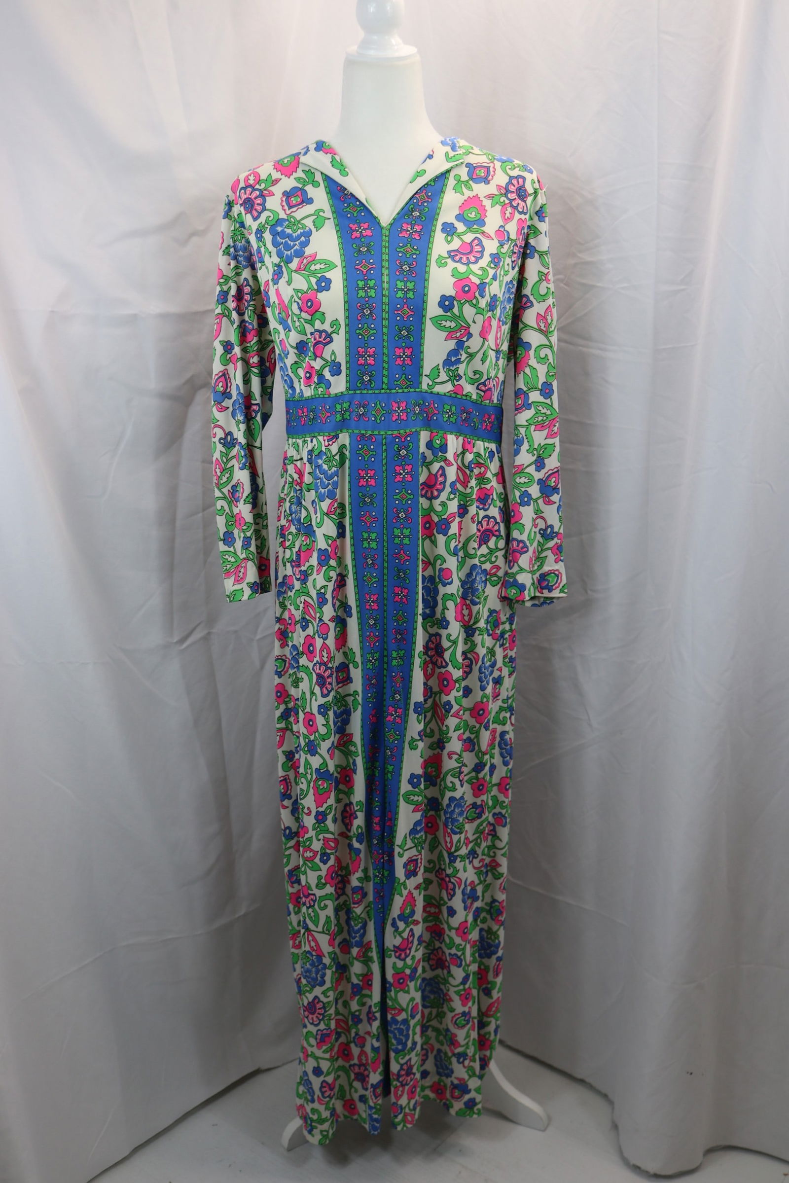 Vintage 1970's Blue & Pink Floral Maxi Dress (1 of 4)