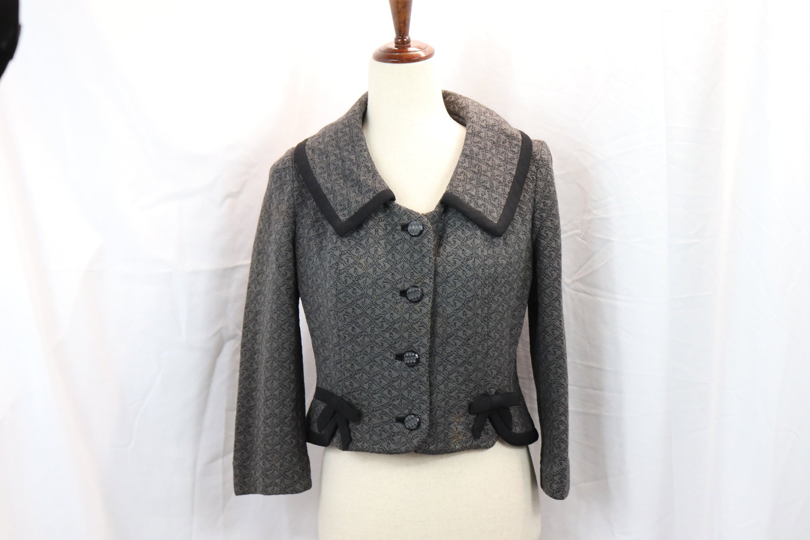 Vintage 1960's Logan Originals Black & Grey Crop Jacket with Bows: approx. 36 bust, 32 waist, one stain found, may clean off, see photo's