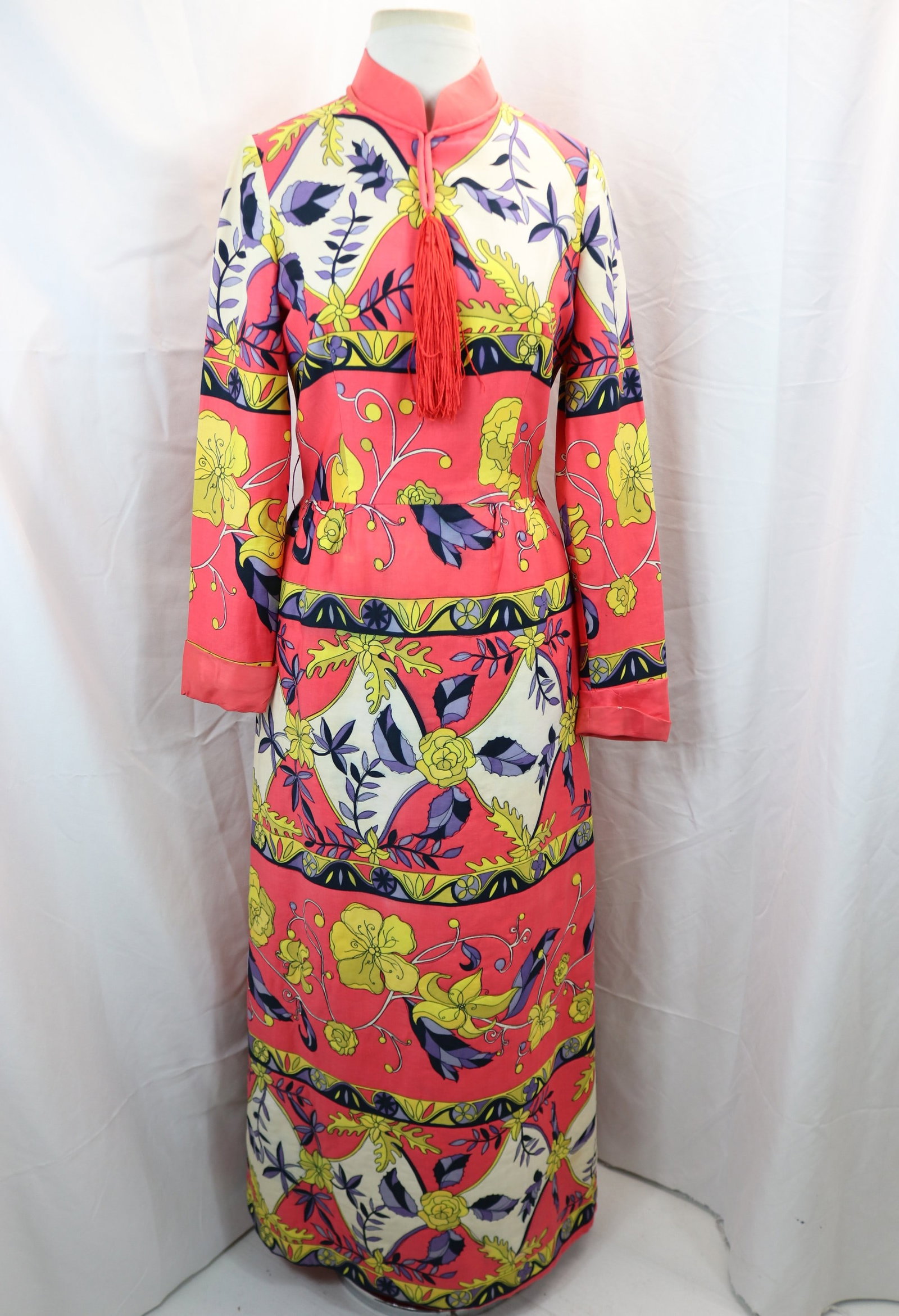 Vintage 1960's Broadway Pink Floral Quilted Maxi Dress with Tassel: approx. 36 bust, 28 waist, some fray at edge of Collar, some light stains, see photo's