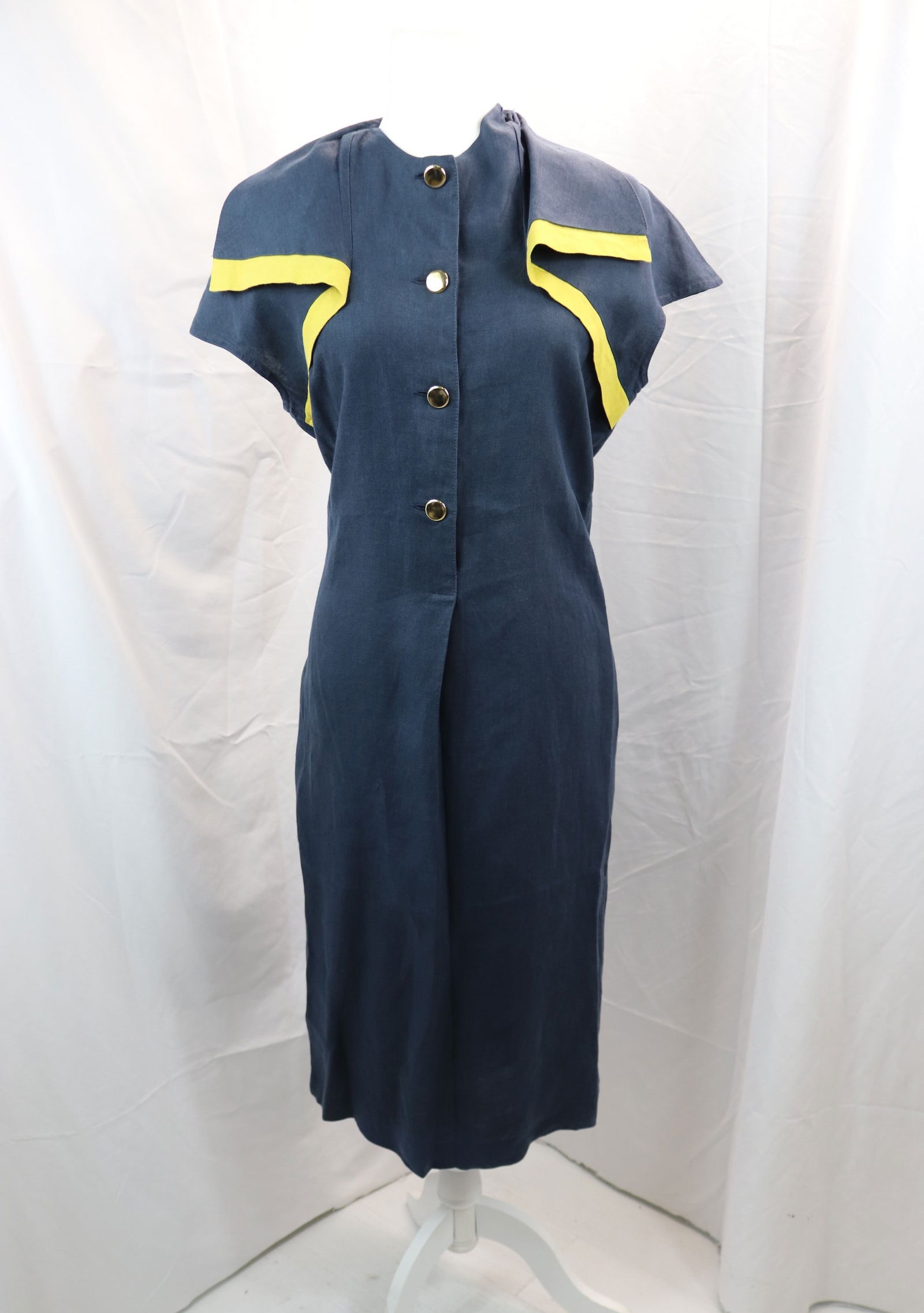 Vintage 1980's Mina of Italy Blue Linen & Yellow Dress: approx. 40 bust, 38 waist, good condition, see photo's