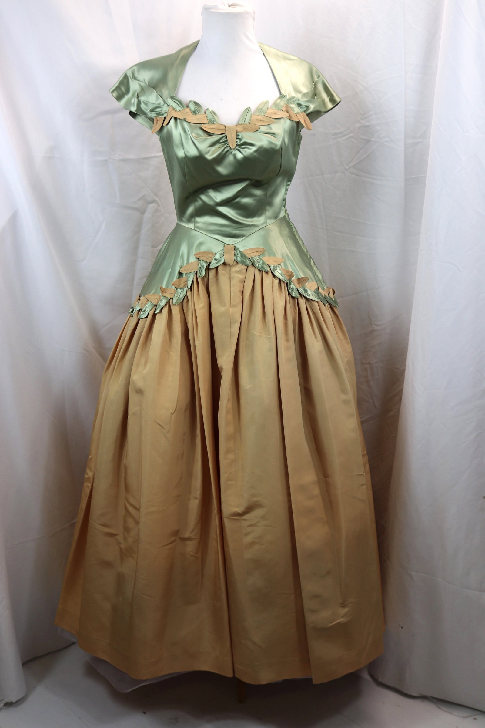 Vintage 1950's Harry Keiser Green & Tan Satin Gown with Applied Leaf Trim: approx. 34 bust, 24 waist, underarm stains and some brush marks to fabric, see photo's
