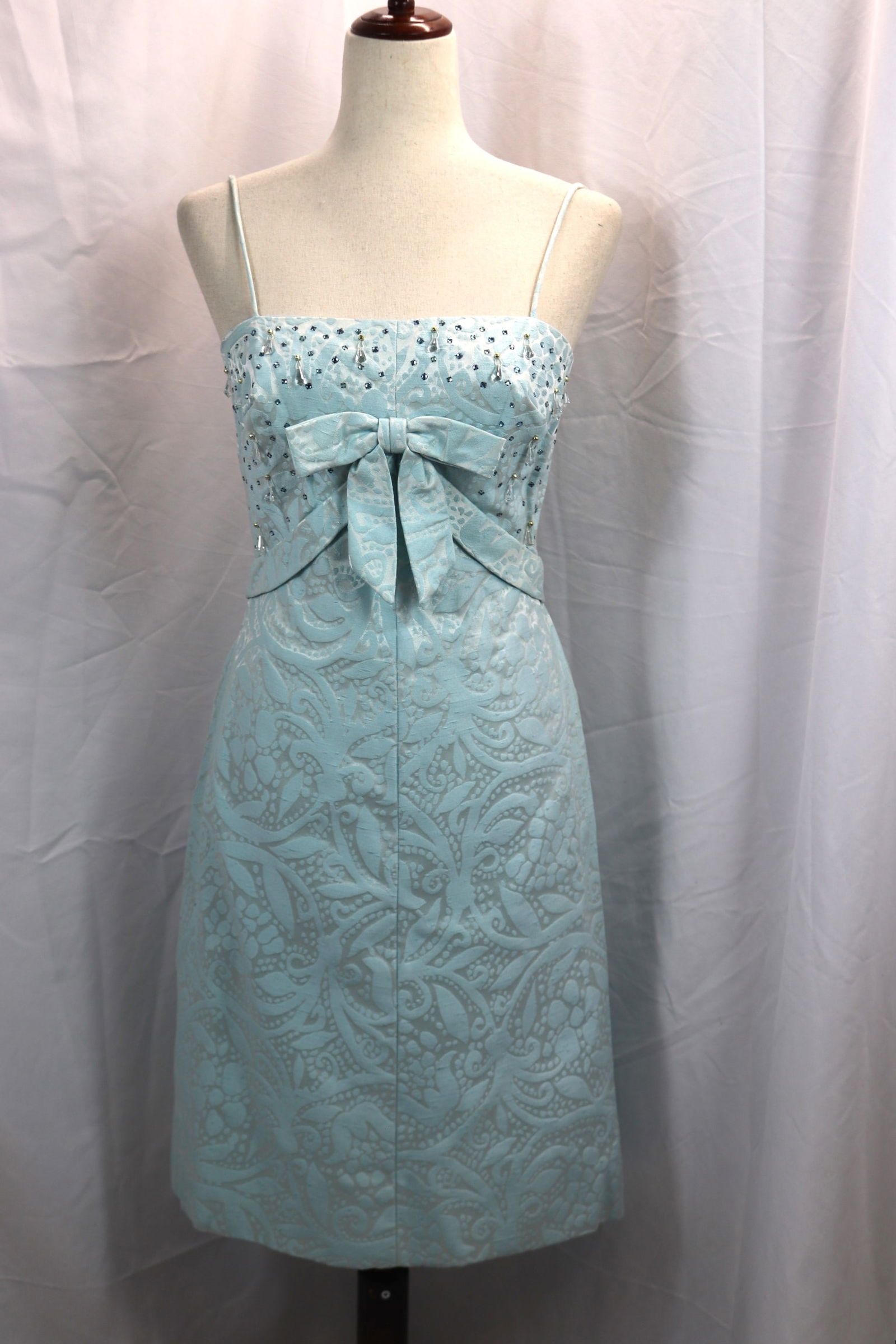 Vintage 1960's Elizabeth Powers Couturiere Blue Damask Dress with Rhinestones (1 of 5)