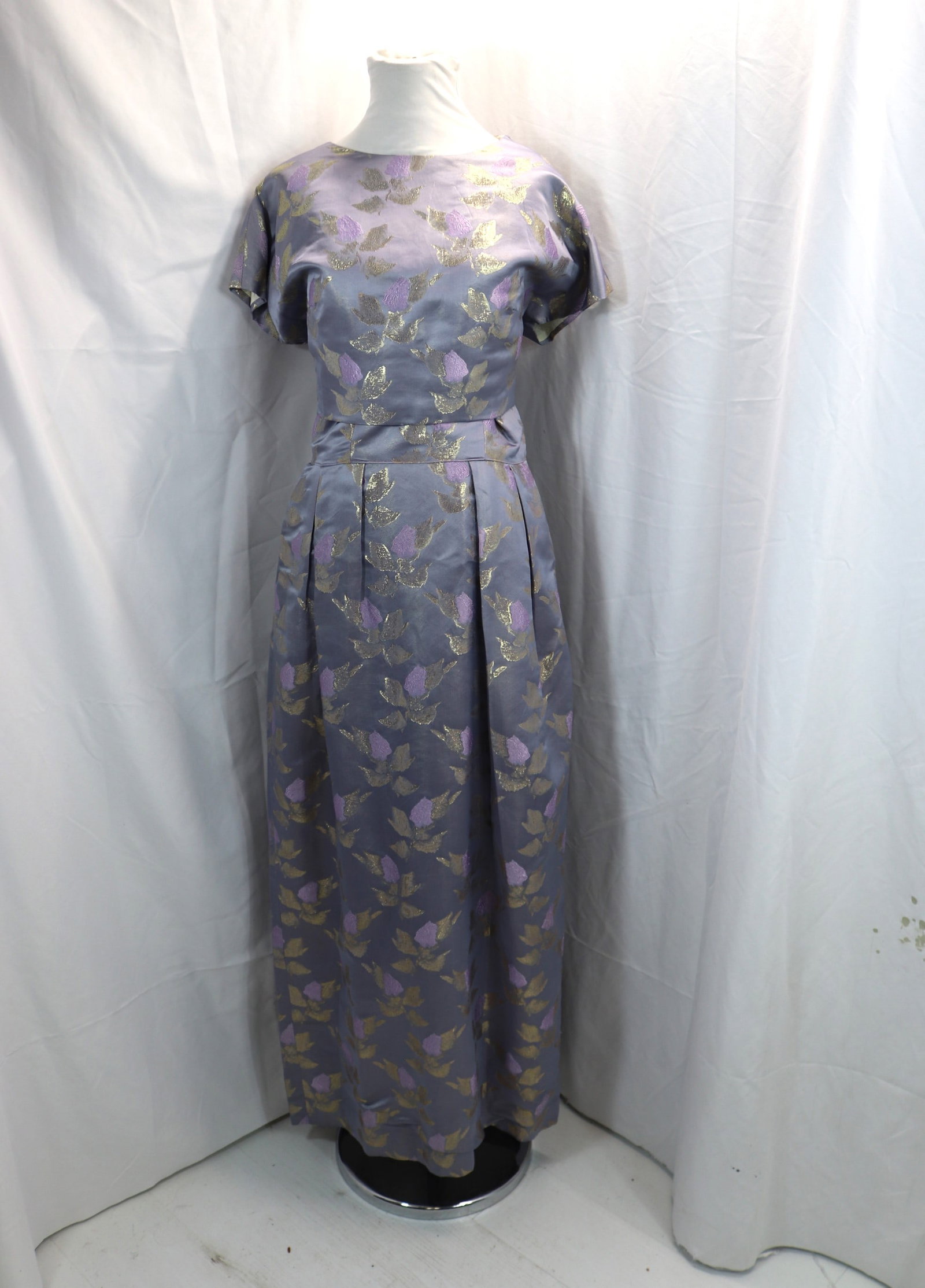 Vintage 1960's Purple & Gold Silk Brocade Gown with Matching Jacket: approx. 38 bust, 28 waist, some fading under arms, see photo's
