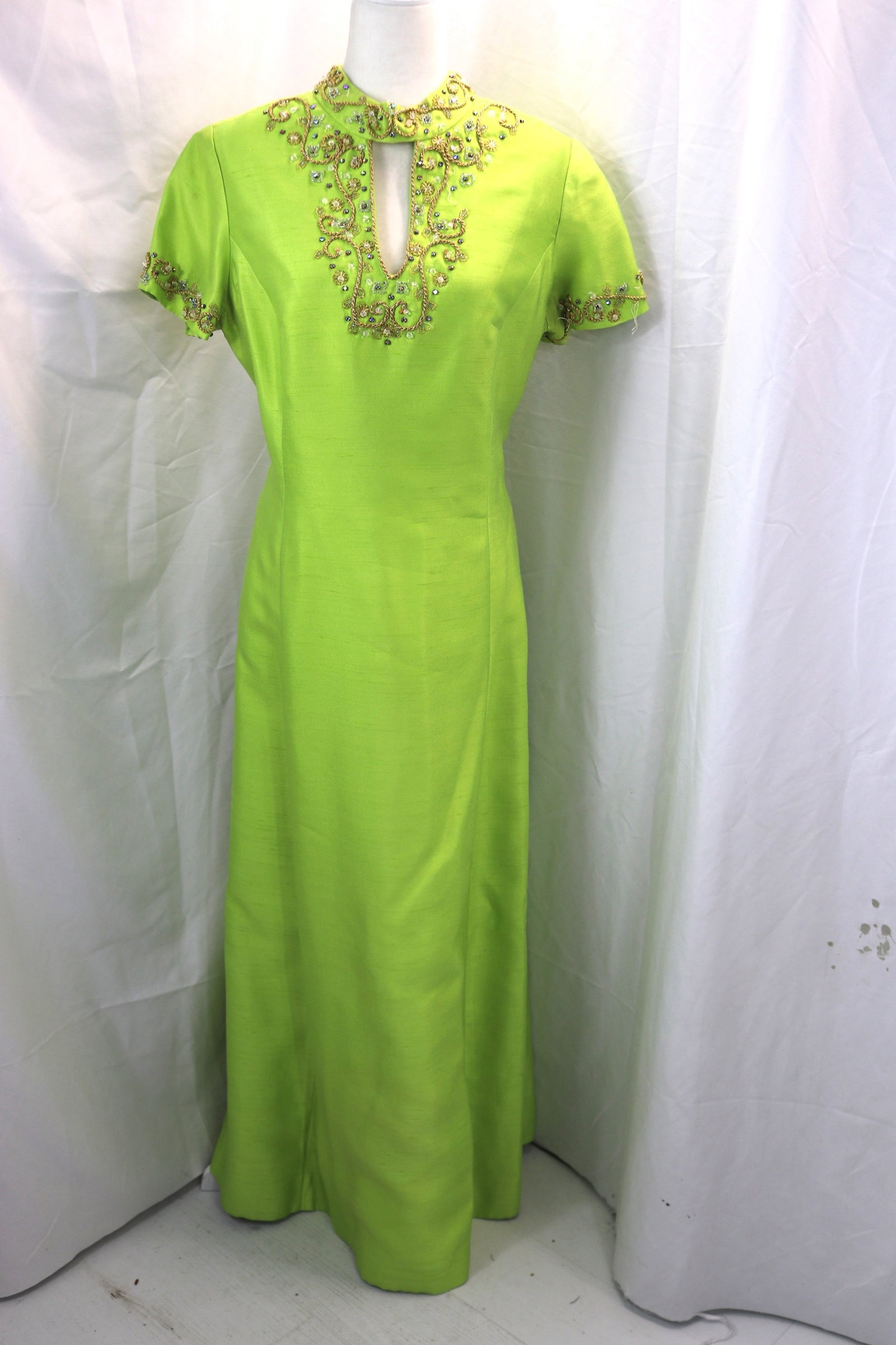 Vintage 1960's Kent Originals Green Silk Gown with Beading: approx. 42 bust, 34 waist, some missing beads, see photo's