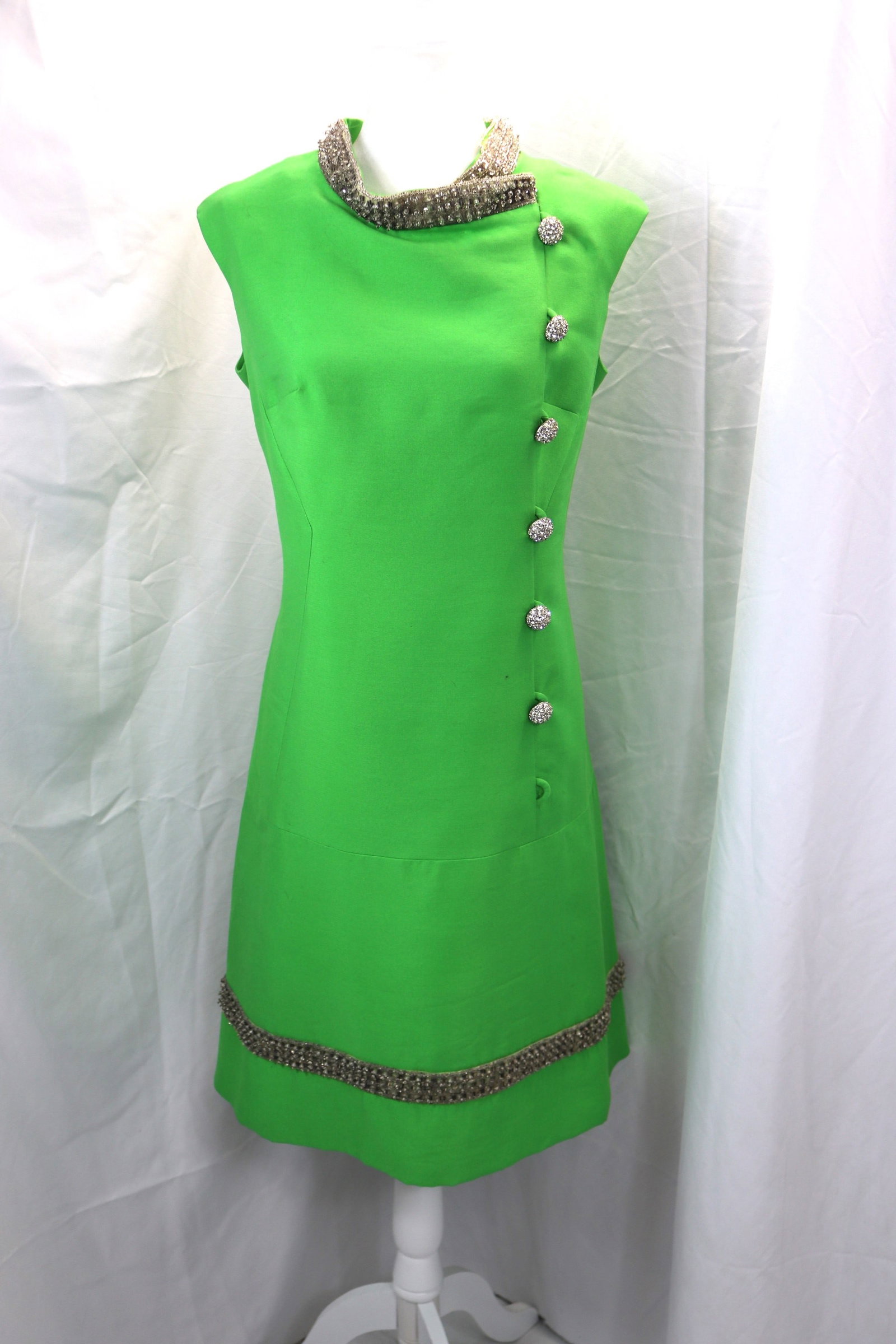 Vintage 1960's Michele Dorian Green Silk Evening Dress with Beading & Rhinestone Buttons: approx. 38 bust, 35 waist, at least one missing bead, beading at collar needs to be stitched, see photo's