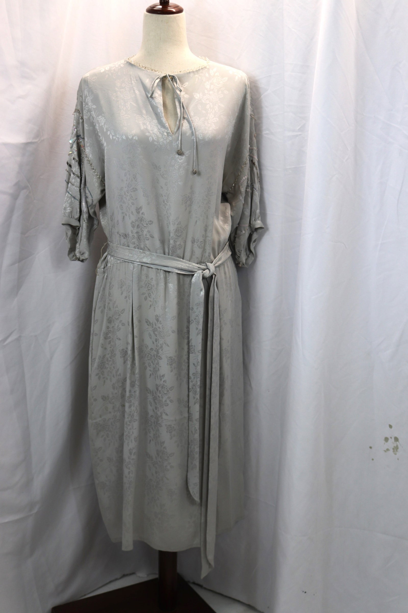 Vintage Carol Peretz Grey on Grey Silk Damask Evening Dress with Beading & Sequin: approx. 42 bust, 38 adjustable waist, some missing sequin, see photo's
