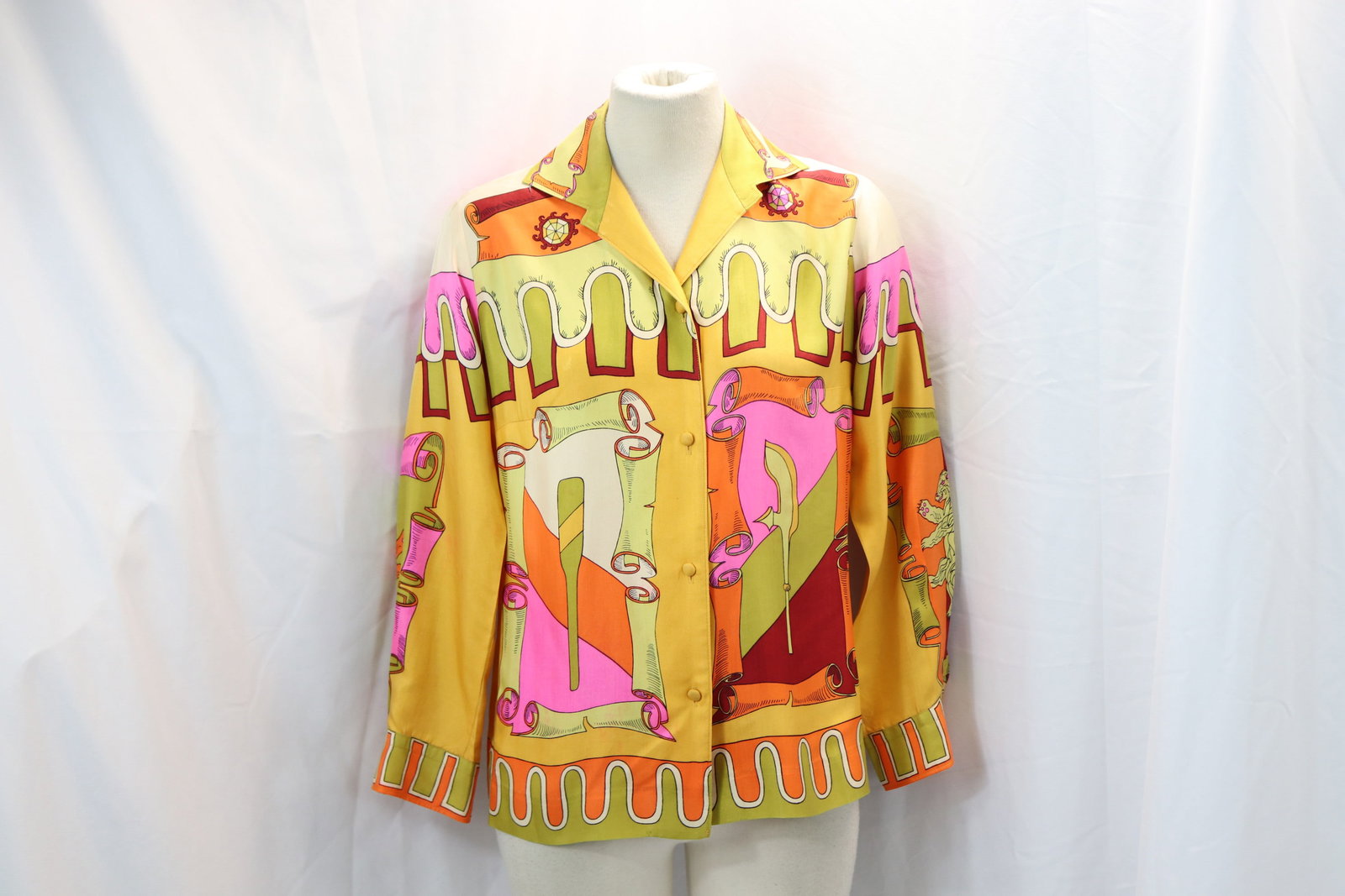 Vintage 1960's Oleg Cassini Silk Blouse with Lion & Scroll Design: approx. 38 bust, 36 waist, underarm damage see photo's