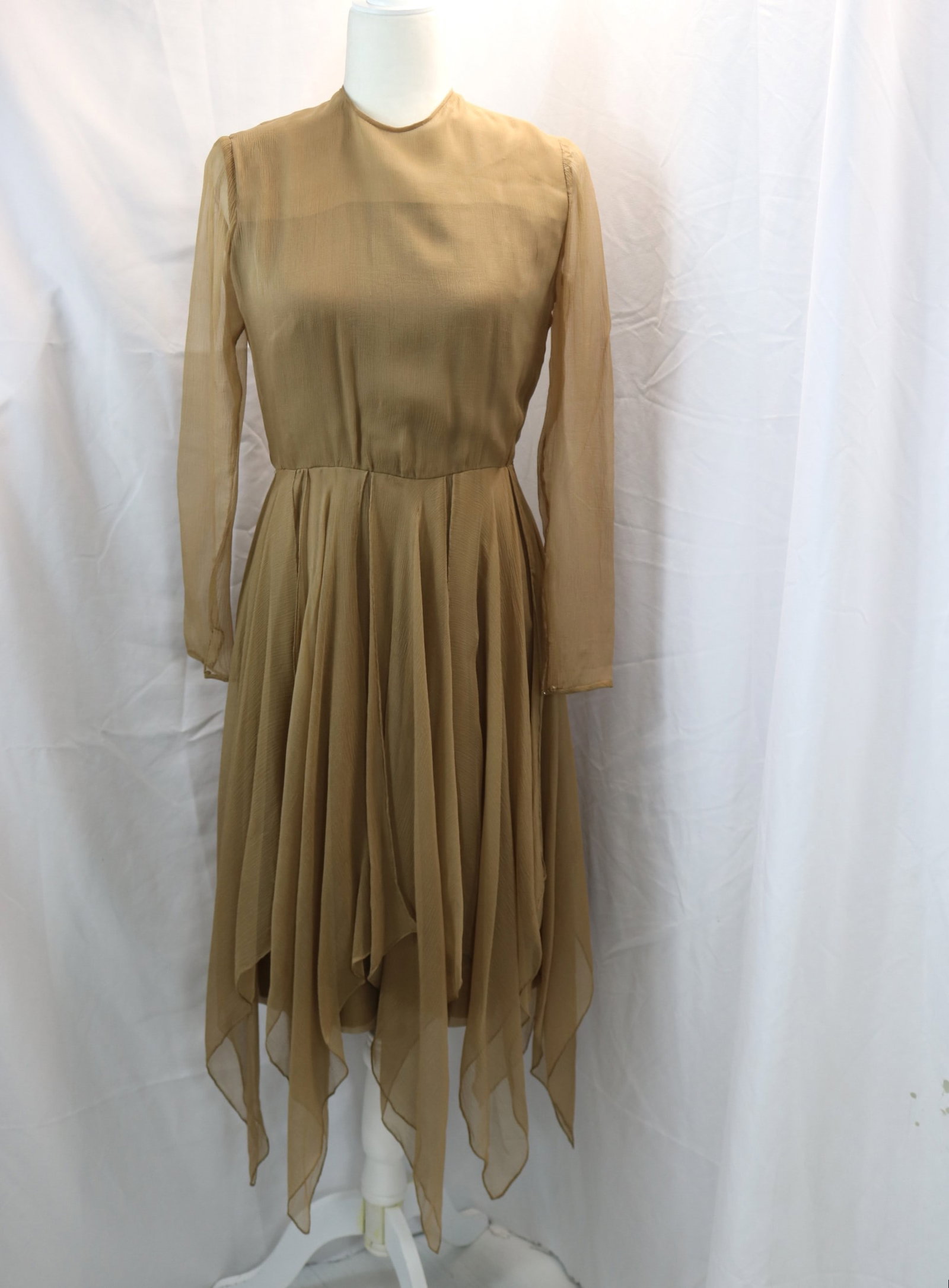 Vintage 1980's Tan Silk Chiffon Dress with Layered Handkerchief Hem: approx. 38 bust, 28 waist, good condition, see photo's