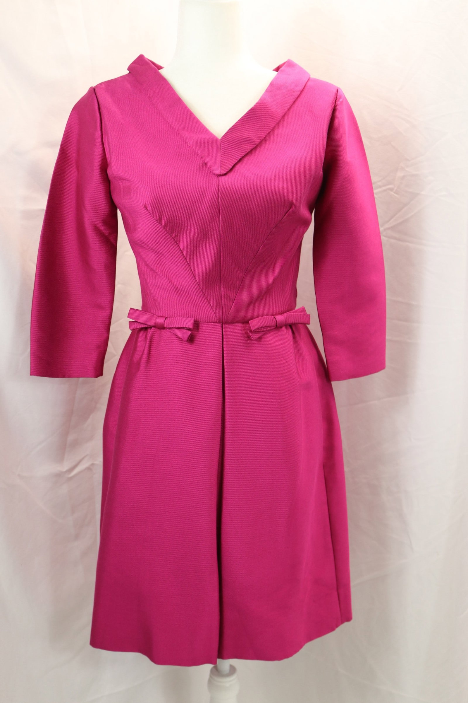 Vintage 1950's Hot Pink Cocktail Dress with Bows at Waist: approx. 34 bust, 24 waist, good condition, see photo's