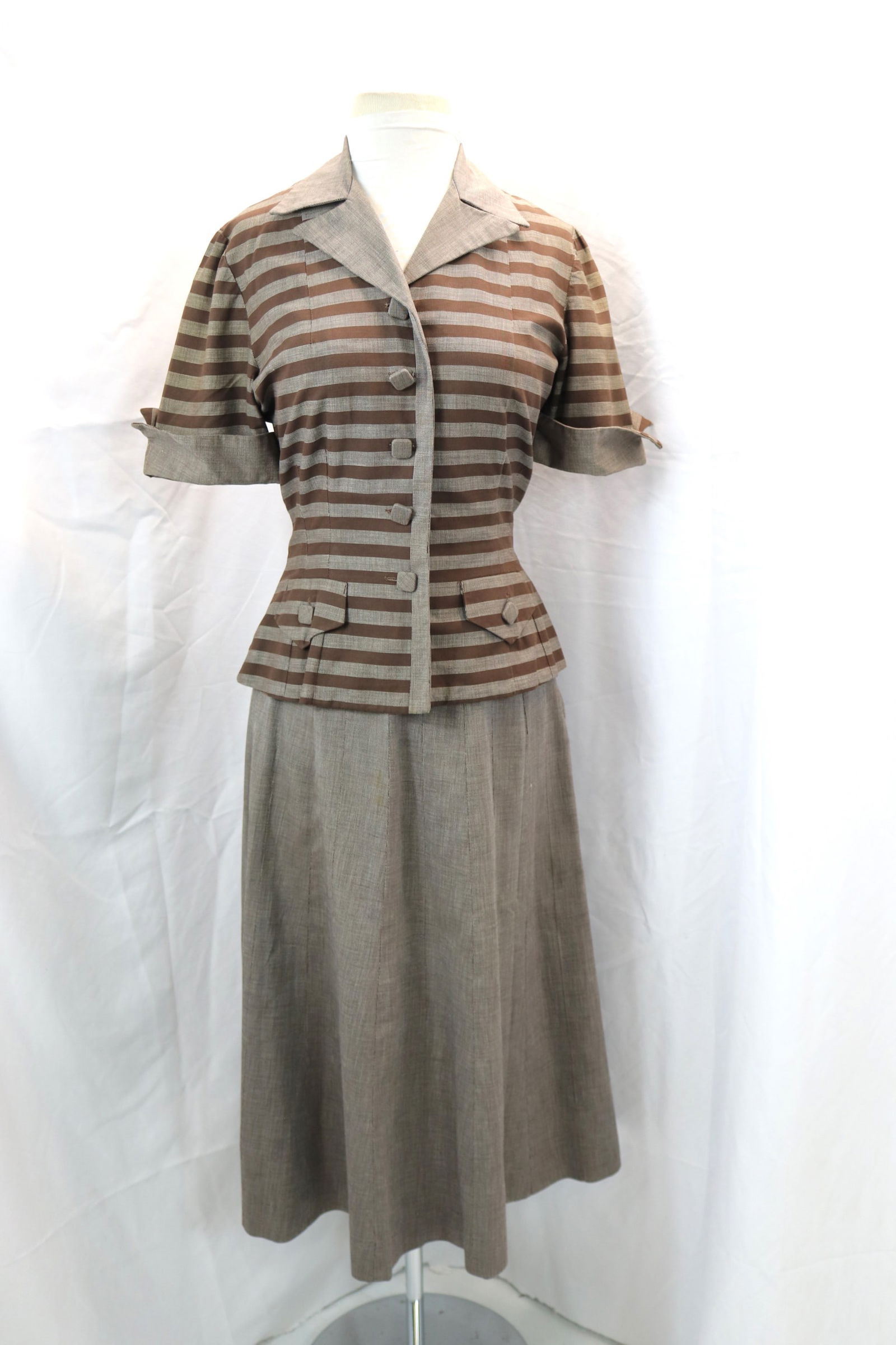 Vintage 1950's Karbo of Houston Brown Stripped Cotton Skirt & Jacket Set (1 of 5)