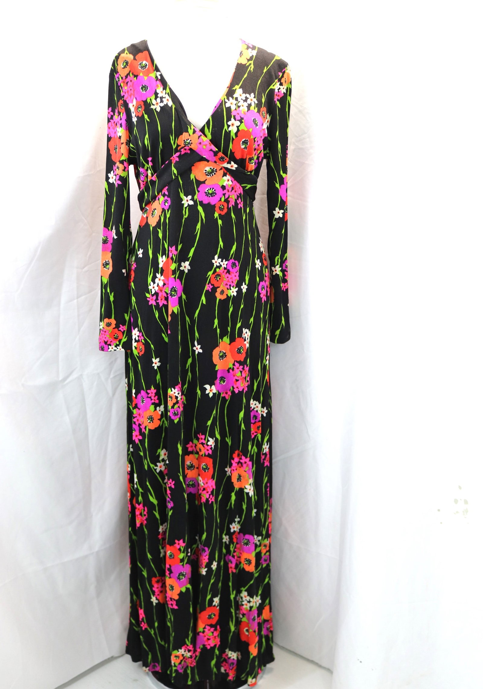Vintage 1970's Black with Bright Floral Print Crisscross Maxi Dress: approx. 38 bust, 32 waist, looks like color run, not sure if that’s the way it should be or not, also hard to show in photo's