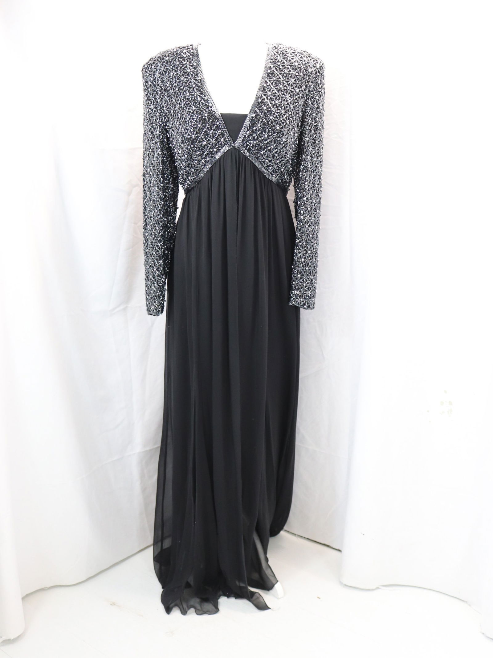 Vintage 1980's Black Silk Heavily Beaded Ball Gown, Designer Label (1 of 6)