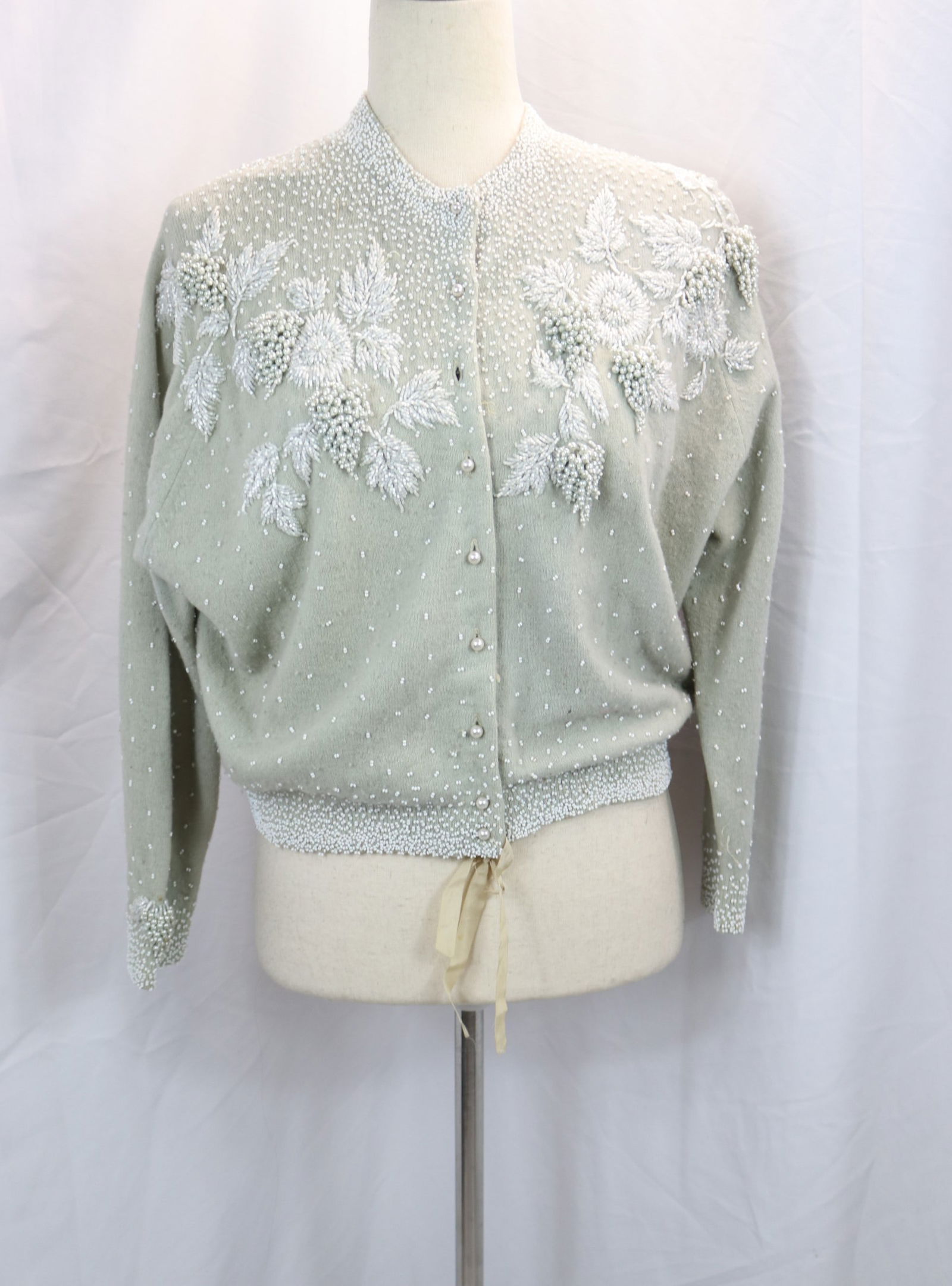 Vintage 1950's Grey Beaded Cardigan Sweater: silk Lined some soil on lining, approx. 42 bust, some missing beads, one pearl button missing, see photo's