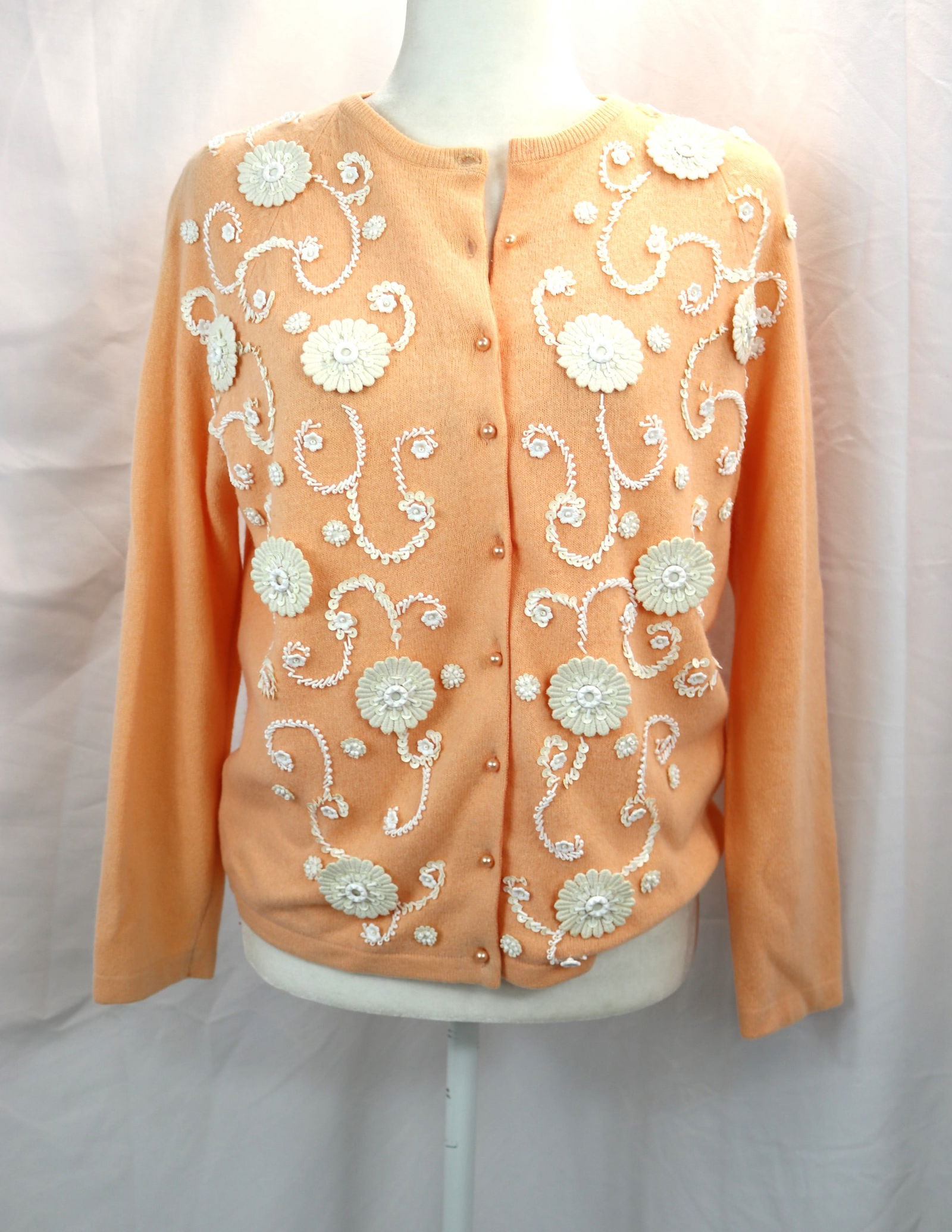 Vintage 1950's Cavanagh's Peach Beaded, Sequin & Applique Cardigan Sweater (1 of 5)