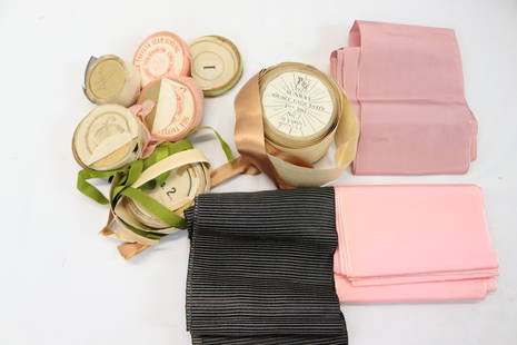 Lot of 8 Rolls & Other Antique Silk & Satin Ribbon & Binding: 8 rolls narrow silk ribbon & binding, lot of 3 1920's satin ribbon, mauve 4.5 x 1/3 yards, pink 6 x 7 yards, black 5 x 2.5 yards, see photo's