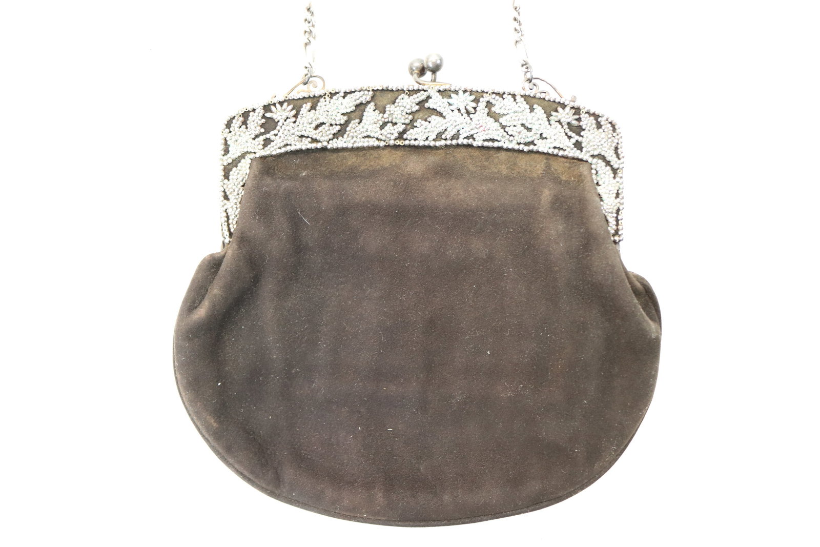Vintage Black Suede & Marcasite Purse: approx. 6 1/2 x 7, has 9 inch chain, some marcasite's missing, see photo's