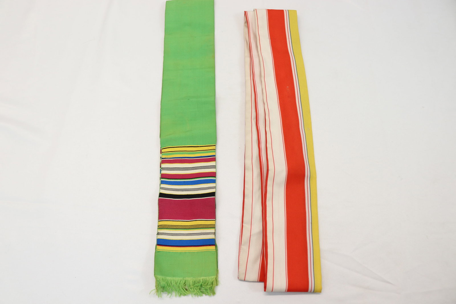 Lot of 2 Victorian/ Edwardian Belt/Sashes Ribbed Stripe & Silk: approx. 36 x 3 green ribbed, & 65 x 3 1/2 silk, see photo's