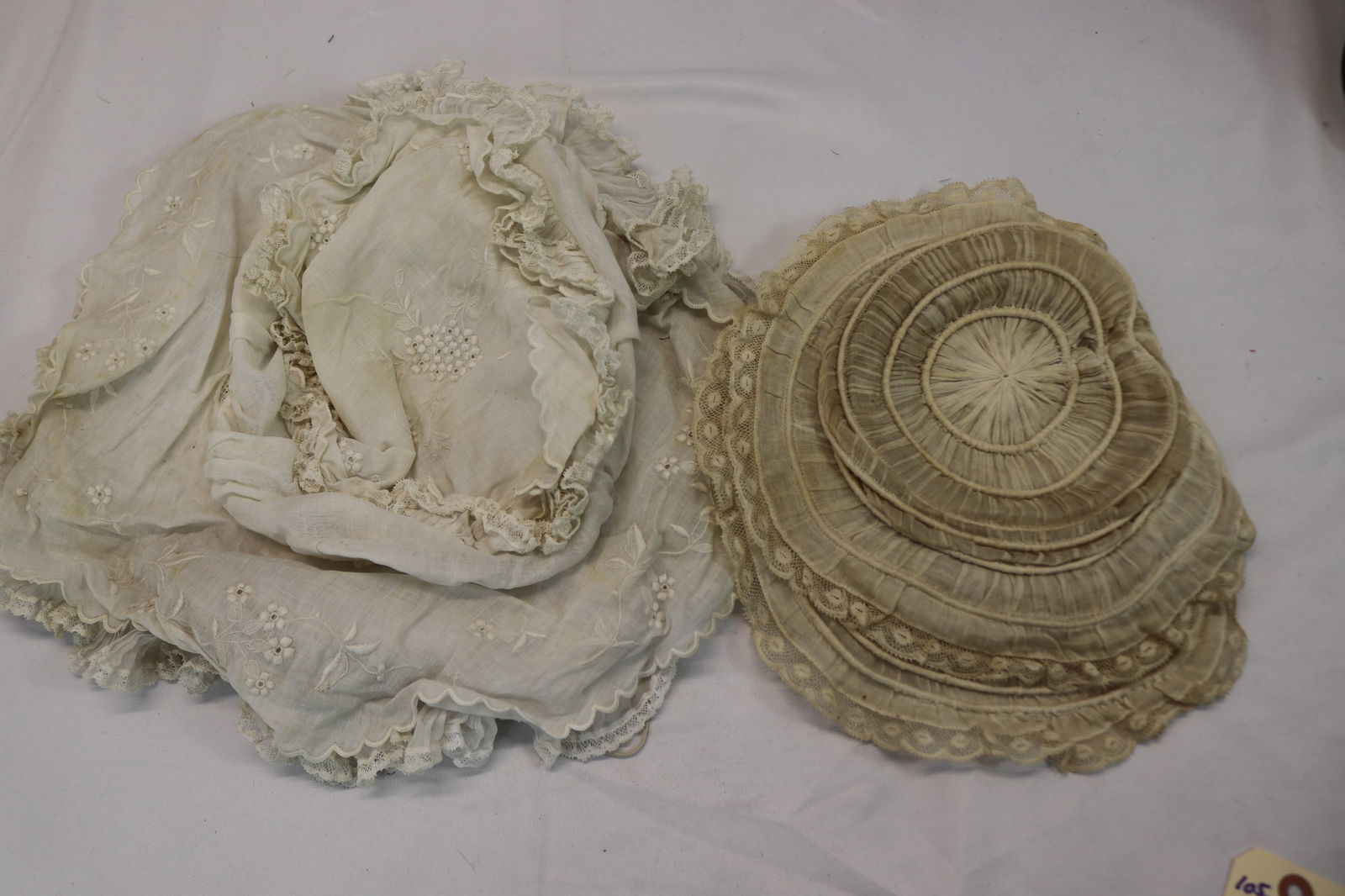 Lot of 2 Childs Victorian White Bonnets with Lace (1 of 6)