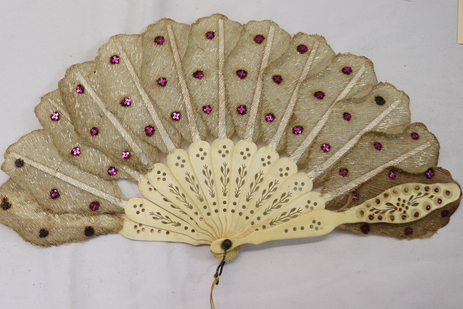 Antique Carved Bone Ladies Hand Fan with Purple Sequin & Gold Glitter: approx. 13 x 7, see photo's