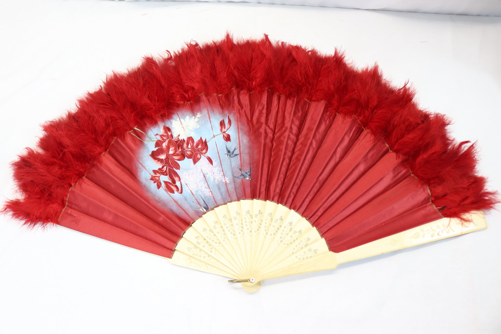 Antique Carved Bone Red Silk Hand Painted Ladies Hand Fan with Feathers: approx. 26 x 15 inches, see photo's