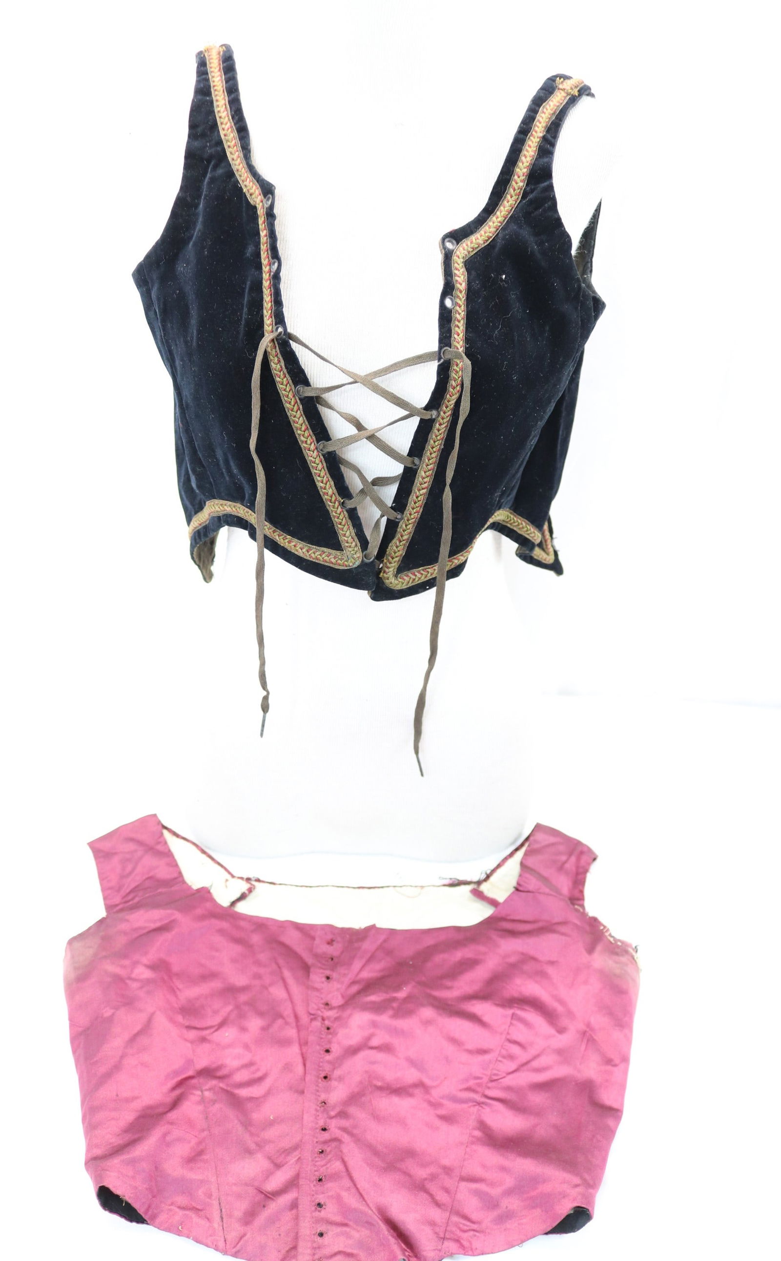 Lot of 2 Victorian Bodices Black Velvet & Burgundy Silk (1 of 7)