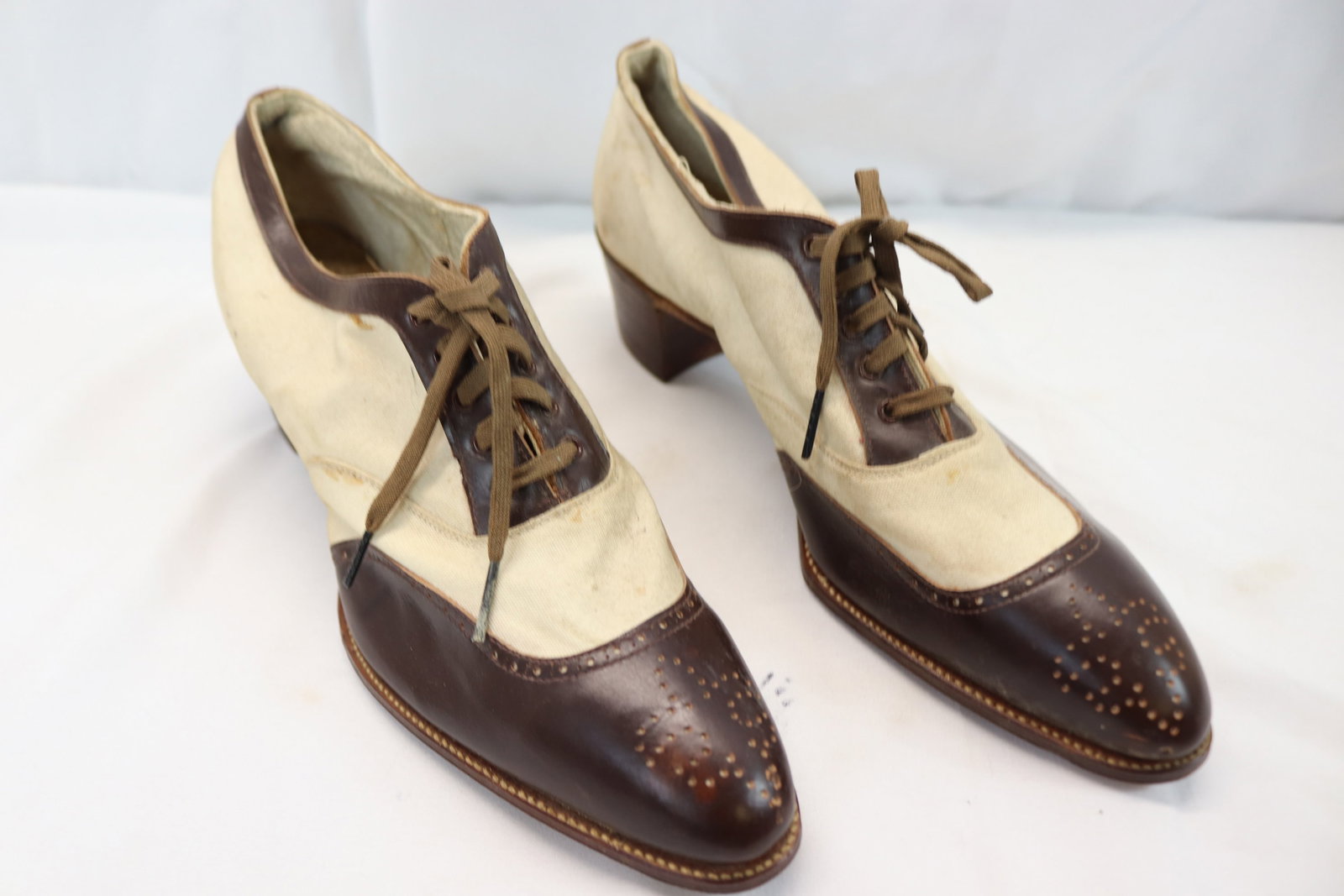 Edwardian Brown Punched Leather & Fabric Spectator Shoes, Old Store Stock: see photo's