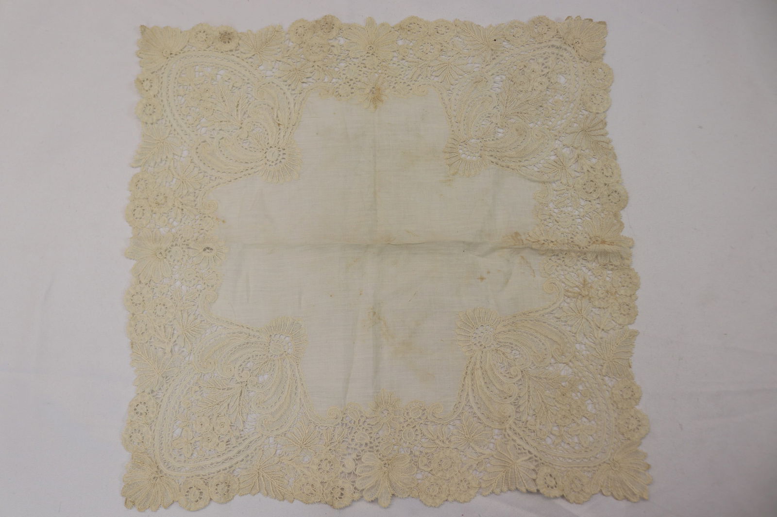 Victorian 1870-80/s Lace Wedding Hankie, 12 x 12: tiny pin holes, small dark areas, see photo's