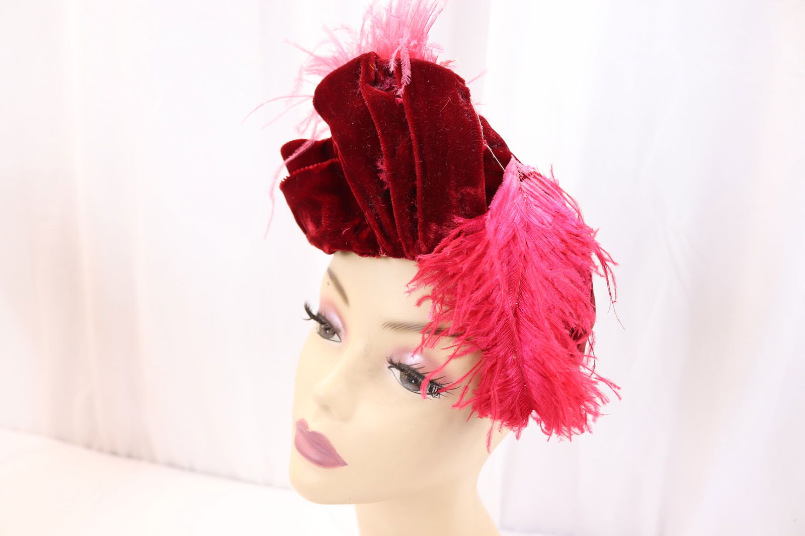 Vintage 1930's Red Velvet Hat with Feathers, Turban Style (1 of 7)